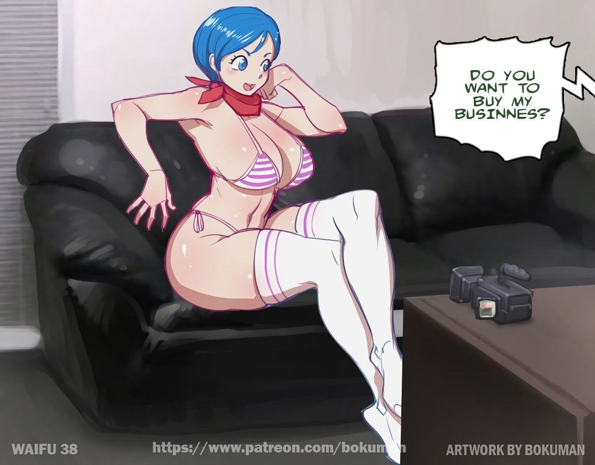 1girls, blue eyes, blue hair, bokuman, bulma briefs, casting couch, dragon ball, female
