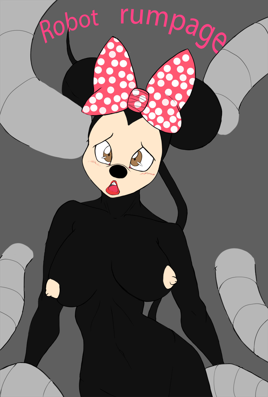 anthro black_fur blush bow brown_eyes disney english_text female furry imminent_rape kaoseart large_breasts lipstick metal_tentacles minnie_mouse mouse nipples solo tentacle