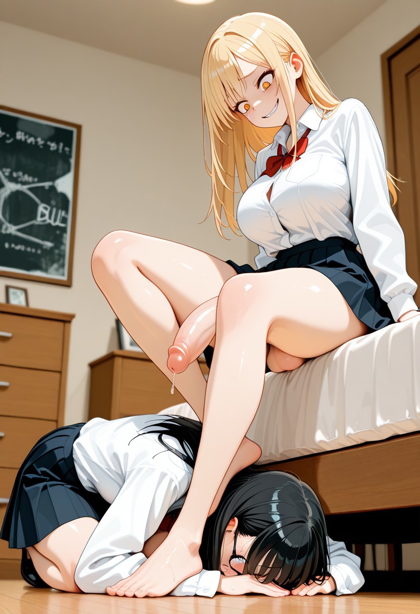 2futas, ai generated, bedroom, black hair, blonde hair, bully, bullying, charv, dogeza, futa on futa, futa only, futadom, futanari, nerd, sitting, smile, stepping on head