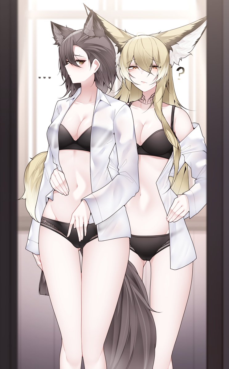 2d, 2female, 2girls, animal ears, animal tail, arknights, arm on stomach, bikini, blonde female, blonde hair, confused look, female only, half naked, long hair, looking at viewer, penance (arknights), samip, tattoo on neck, underwear, vulpisfoglia (arknights), white shirt