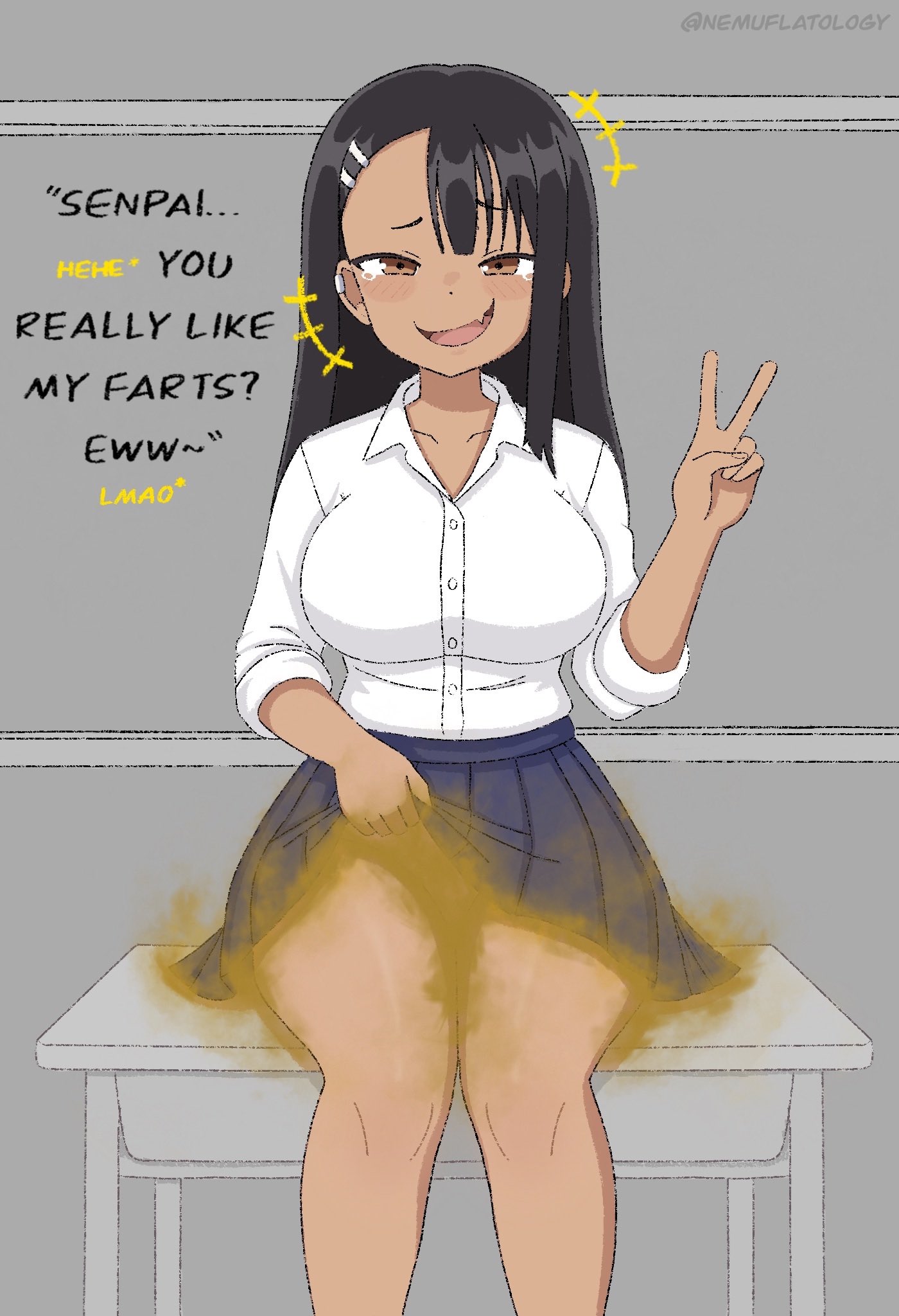 alternate breast size, black hair, boobs, brown gas, bullying, enjoying farts, fart, fart cloud, fart fetish, farted, farting, female, gassy female, girl, gyaru, hayase nagatoro, large breasts, long hair, open mouth, oppai, please don't bully me, nagatoro, skin fang, skirt, skirt lift, smell, smile, smug, smug smile, stink, stinky fart, uniform, v