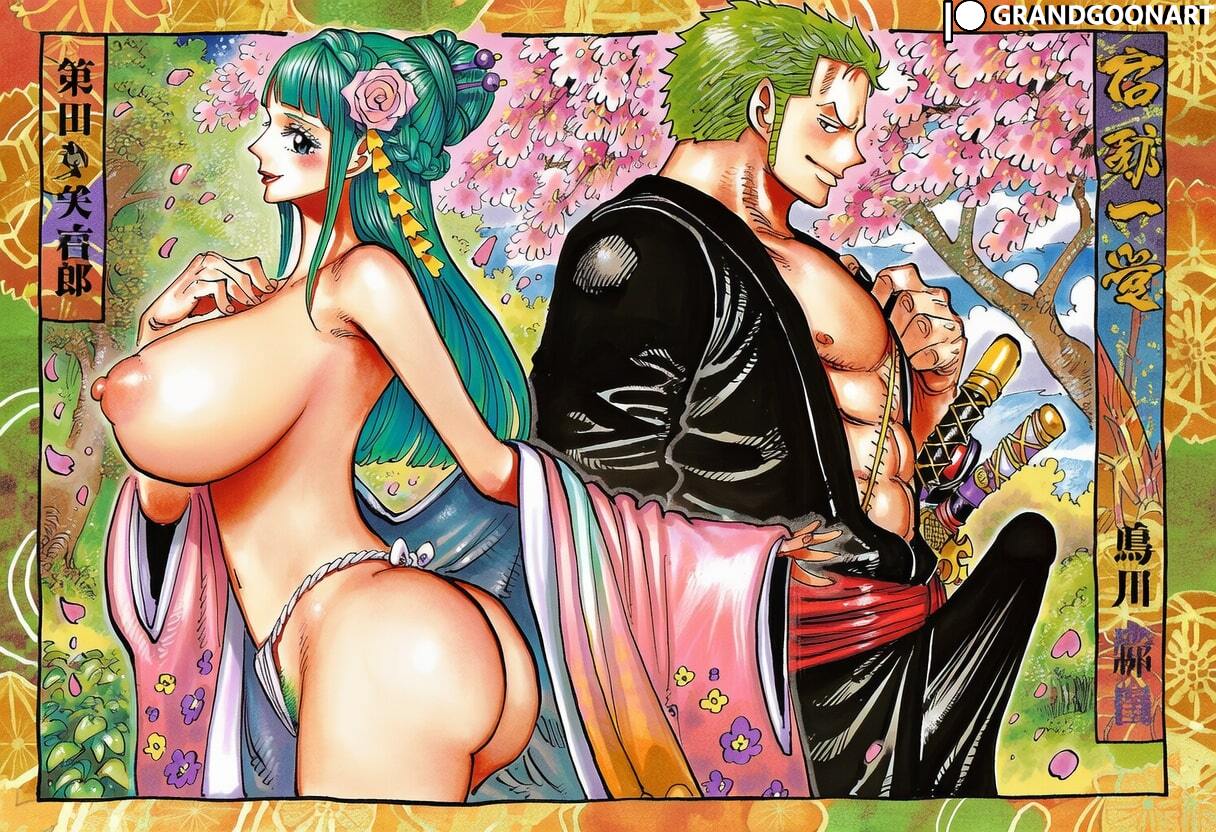 1boy, 1girl, abs, accurate art style, ai generated, big ass, big breasts, boner, female, grandgoonart, green hair, green-haired female, green-haired male, kozuki hiyori, male, manga, manga page, manga style, one piece, patreon, patreon logo, patreon username, roronoa zoro