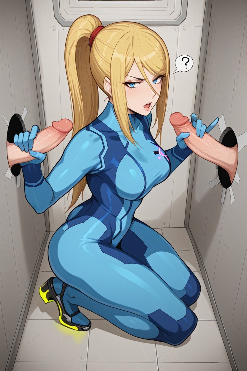 ai generated, big ass, big penis, blonde hair, blue eyes, double handjob, female, glory hole, inminent blowjob, inminent sex, metroid, samus aran, small breasts, spaceship, uncovered, white skin, zero suit, zero suit samus