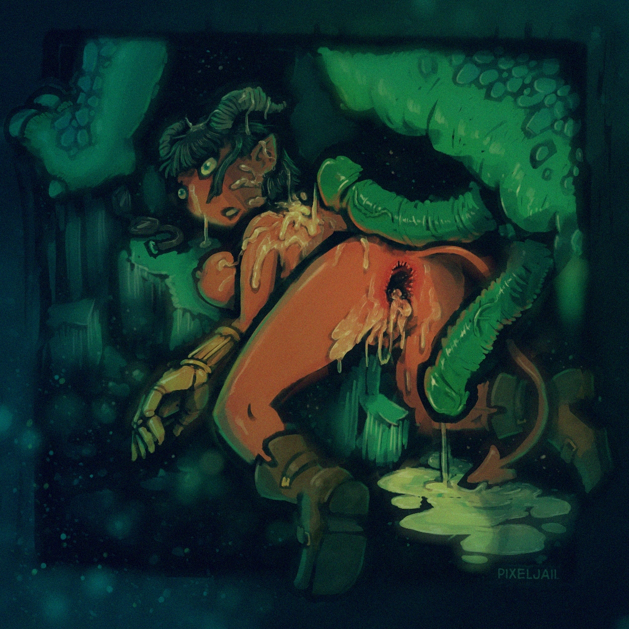 after anal, after rape, after sex, almost naked, anal rape, bigger dom smaller sub, bigger male, blue eyes, boots, breasts, broken rape victim, brown hair, cave, cave background, cum, cum from ass, cum in ass, cum inside, cum on back, cum on body, cum on face, cum pool, diphallia, diphallism, double anal, dungeons and dragons, excessive cum, fucked senseless, gaping, gaping anus, gauntlets, goggles, horns, huge breasts, huge cock, interspecies, lorraine iw, monster, monster on female, naked, naked female, narrow pupils, pain, painal, pixeljail, rape, raped, raped by monster, red skin, rock, rocks, smaller female, tail, tiefling, tits