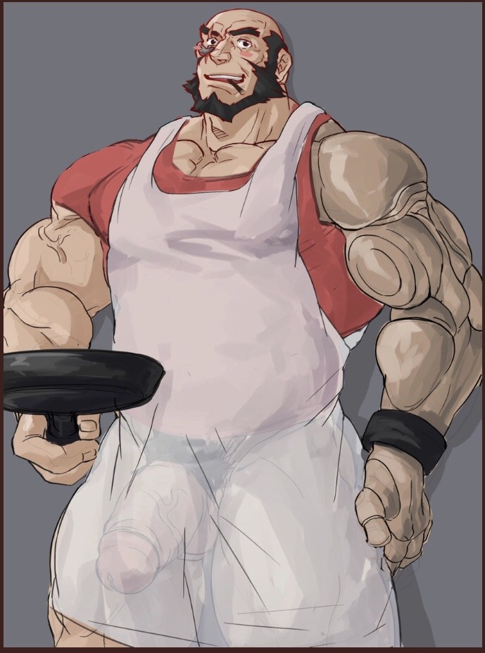 apron balls bara beard big_penis cigarette cowboy_bebop facial_hair frying_pan gay glensaru jet_black male male_only muscles muscular penis prosthetic_arm see-through_clothing solo solo_male