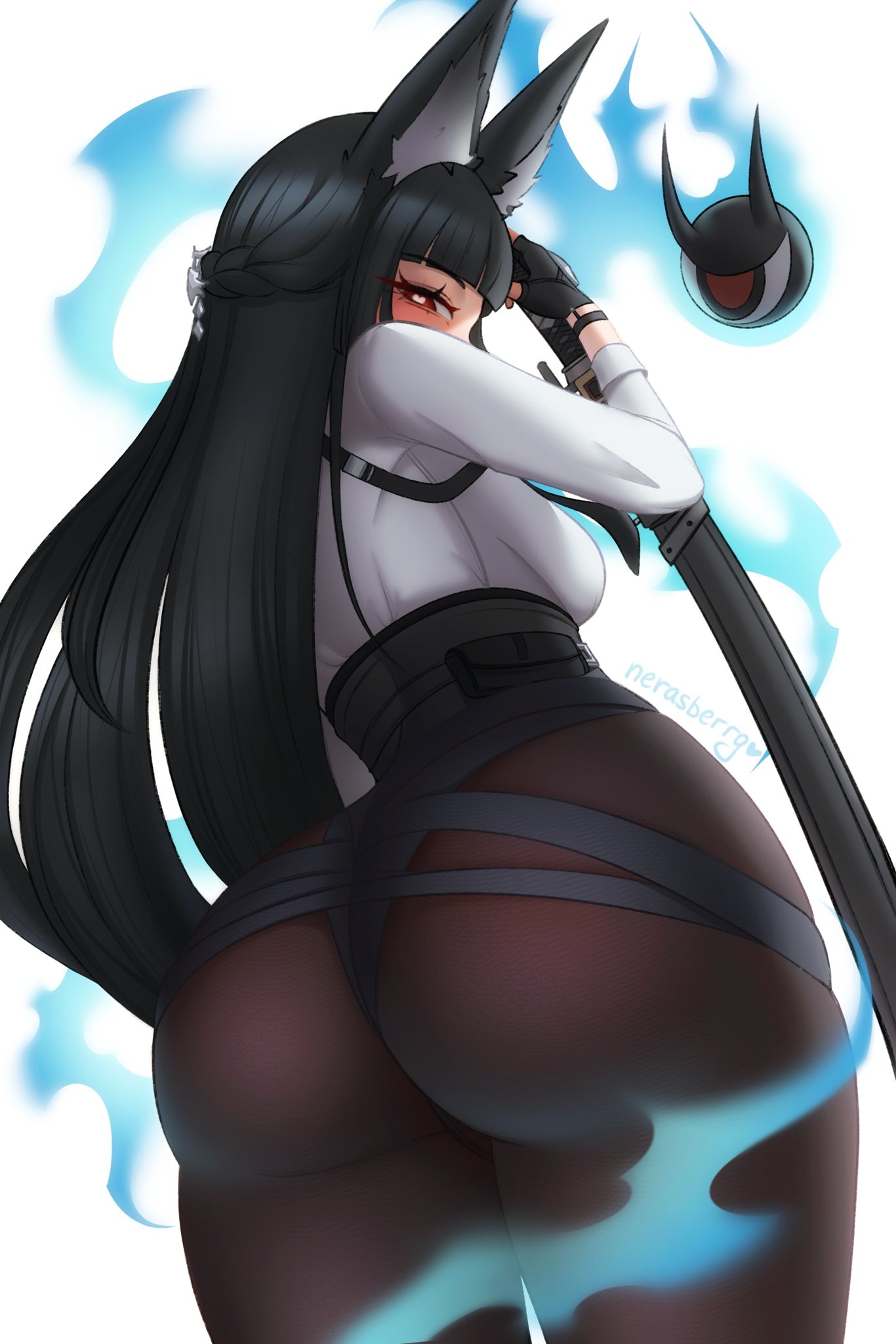 1girls, 2025, ass, big ass, black hair, blush, female, female only, fox ears, fox girl, heart-shaped pupils, hi res, hoshimi miyabi, long hair, mihoyo, nerasberrg, pantyhose, rear view, red eyes, solo, thick ass, thick thighs, viewed from below, white background, zenless zone zero