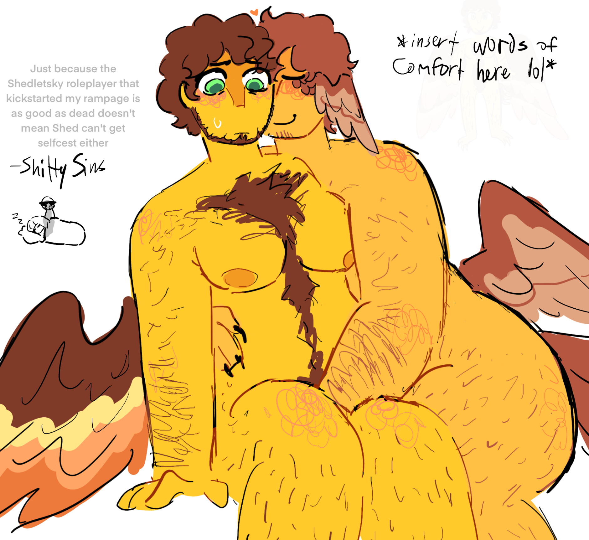 2boys, blush, brown hair, brown wings, chubby, chubby male, closed eyes, color, colored, drawing, forsaken (roblox), frown, frowning, gay, green eyes, hair, hairy, male, male only, male/male, masturbating other, open eyes, roblox, roblox game, robloxian, self upload, selfcest, shedletsky, shedletsky (forsaken), shittysins, sitting, smile, smiling, wings, wings on head