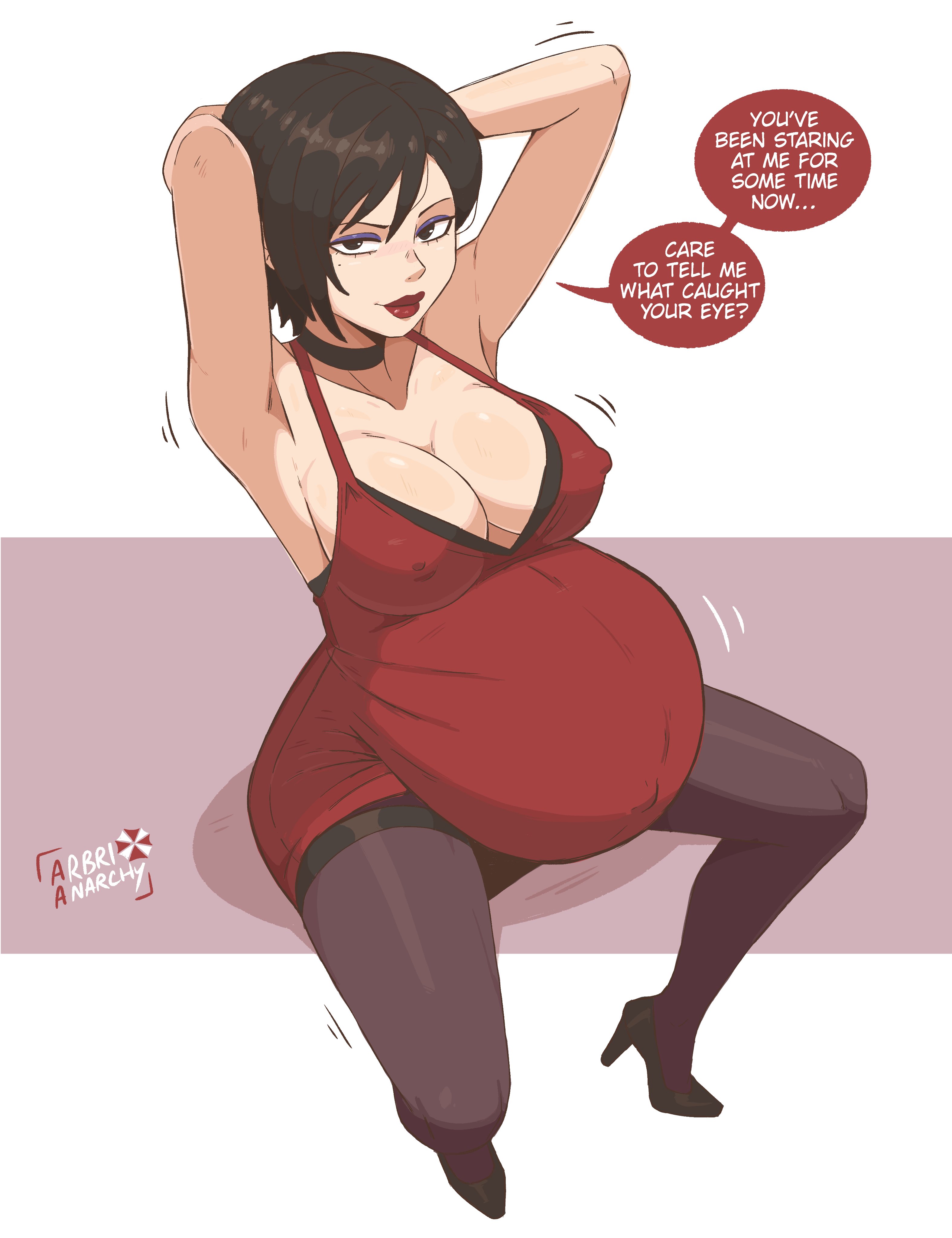 1girls, ada wong, arbrianarchy, big belly, english dialogue, english text, hands behind head, lipstick, pregnant, pregnant female, red dress, resident evil, resident evil 4, resident evil 4 remake