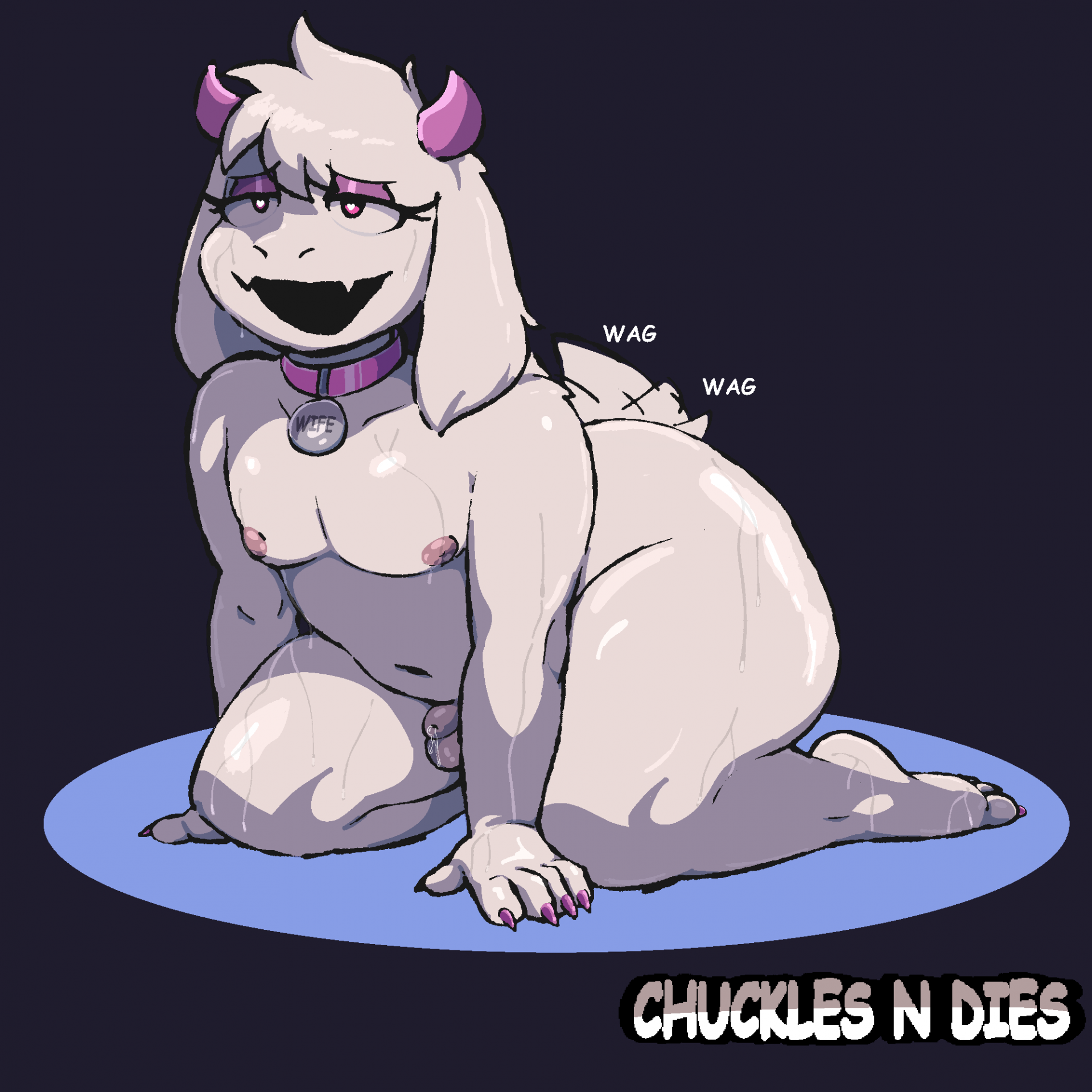 1:1, 2025, 5 fingers, anthro, ass, balls, big butt, bodily fluids, bovid, caprine, chonk, chubby femboy, claws, collar, collar only, deltarune, digital drawing (artwork), digital media (artwork), donnitro72, english description, fat ralph, femboy, fingers, fur, furry, genital fluids, genitals, goat, heart eyes, heart symbol, hi res, horn, horny femboy, horny male, kneeling, leaking precum, male, mammal, navel, nipples, nude, nude anthro, nude male, open mouth, penis, pink claws, pink collar, pink eyelids, pink eyes, pink horn, pink nipples, precum, ralsei, small balls, small horn, small penis, small tail, solo, tail, tail motion, tailwag, text, thick thighs, undertale (series), wet, wet body, white body, white fur
