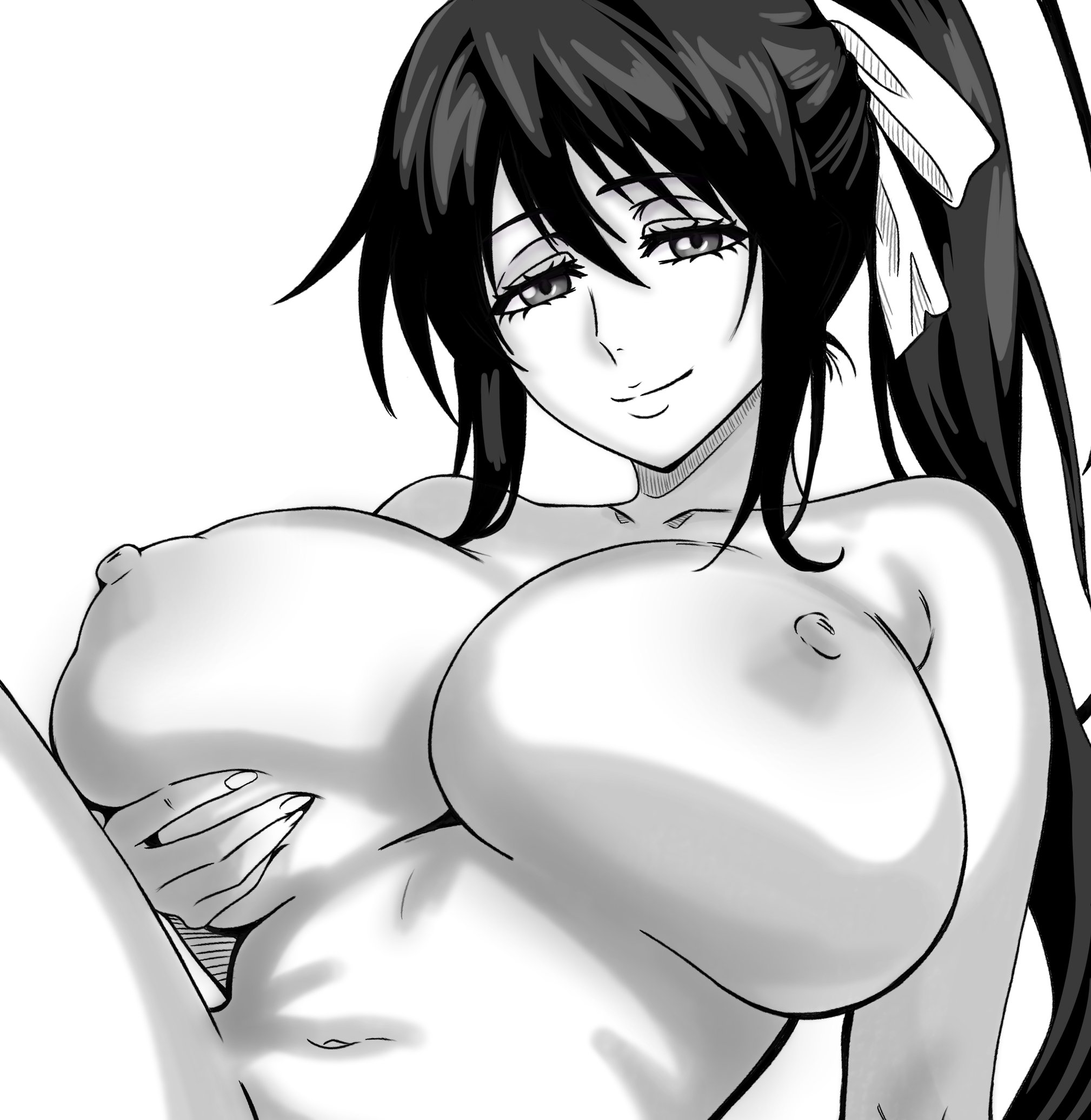 akeno himejima, areolae, belly button, big breasts, breasts, grabbing own breast, greyscale, high school dxd, huge breasts, looking at viewer, monochrome, naked, navel, nipples, nude, presenting breasts, ryveilee, shaded