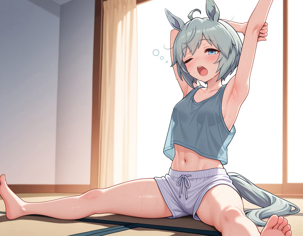 ai generated, armpits, blue eyes, boxers, green hair, horse ears, horse tail, seiun sky (umamusume), senam66, stretching, tank top, toned female, umamusume, yawn