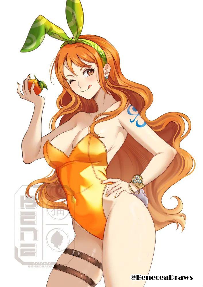 ;), 1girls, 2d, 2d (artwork), 2d artwork, adult, adult female, arm tattoo, armpits, bare armpits, bare arms, bare chest, bare hands, bare hips, bare legs, bare shoulders, bare skin, bare thighs, beneceadraws, big boobs, big breasts, blue tattoo, bracelet, breasts, busty, busty female, busty girl, cheeky smile, cleavage, collarbone, curvaceous, curvaceous body, curvaceous female, curvaceous figure, curvaceous hips, curvy, curvy body, curvy female, curvy figure, curvy hips, digital, digital art, digital drawing, digital drawing (artwork), digital media, digital media (artwork), drawing, earrings, elbows, exposed armpits, exposed arms, exposed chest, exposed hips, exposed legs, exposed shoulders, exposed skin, exposed thighs, eye closed, eyebrows visible through hair, female, female focus, female only, fingernails, fingers, ginger, ginger hair, green hair ribbon, green hairband, green ribbon, groin, hair between eyes, hair ribbon, hairband, hand on hip, hand on own hip, hand on own waist, hand on waist, head tilt, hourglass figure, human, human female, inframammary fold, inguinal crease, inguinal ligament, large boobs, large breasts, lean figure, leotard, log pose, long hair, looking at viewer, mature, mature female, nail polish, nails, nami (one piece), narrow waist, one eye closed, one eye open, one piece, one piece film stampede, orange eyebrows, orange eyes, orange fingernails, orange hair, orange hair female, orange leotard, orange nail polish, orange nails, orange topwear, orange-eyed female, orange-haired female, posing, posing for the viewer, post-timeskip, ribbon, shiny breasts, shiny hair, shiny legs, shiny skin, shiny thighs, shoulders, shueisha, simple background, slender body, slender waist, slim female, slim waist, solo, standing, tangerine (fruit), tattoo, tattoo on arm, tattooed arm, thick thighs, thighband, thighs, tilted head, toei animation, tongue, tongue out, topwear, upper body, wavy hair, weekly shonen jump, white background, wide hips, wink, winking, winking at viewer, winking eye