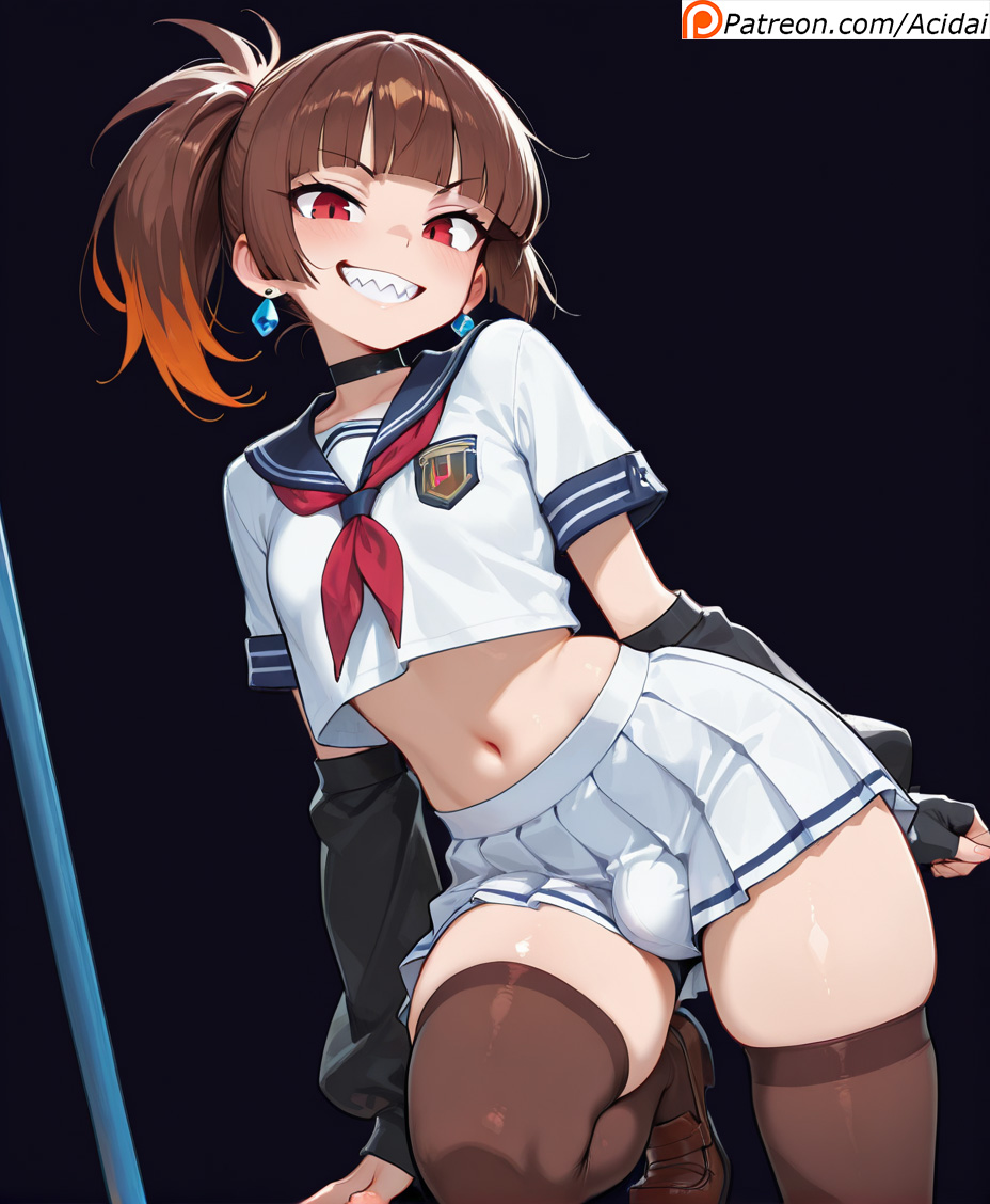 acidai, ai generated, brat, bulge, choker, cute, femboy, school uniform, sharp teeth, side ponytail, skirt, sleeves, thick thighs, thighhighs