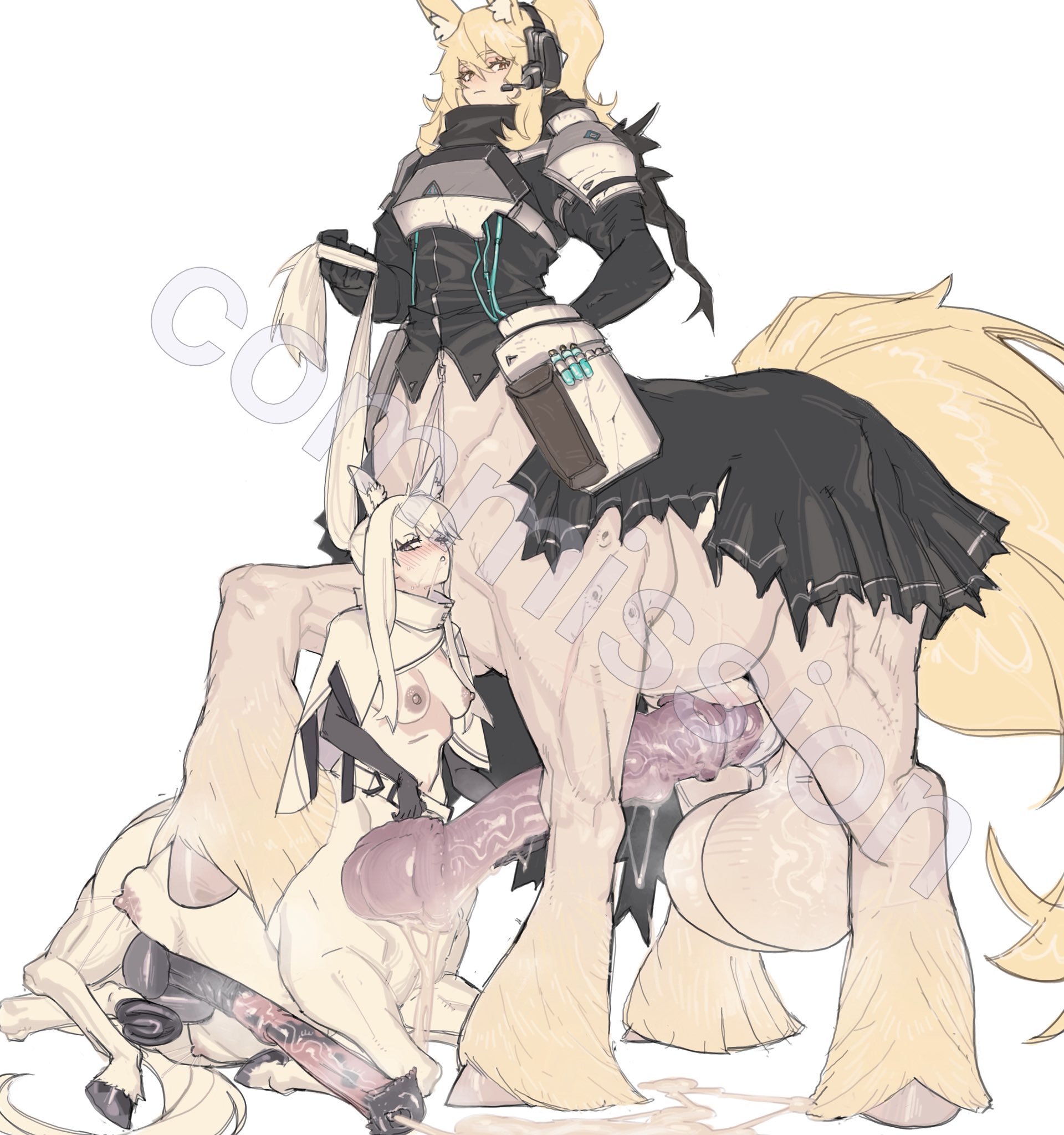 2futas, animal penis, arknights, centaur, flared penis, flat chested, futanari, hitobashira (1746164306), horsecock, looking at penis, medium breasts, nearl (arknights), penis awe, platinum (arknights), pulling hair, size difference, victim alice, watermark