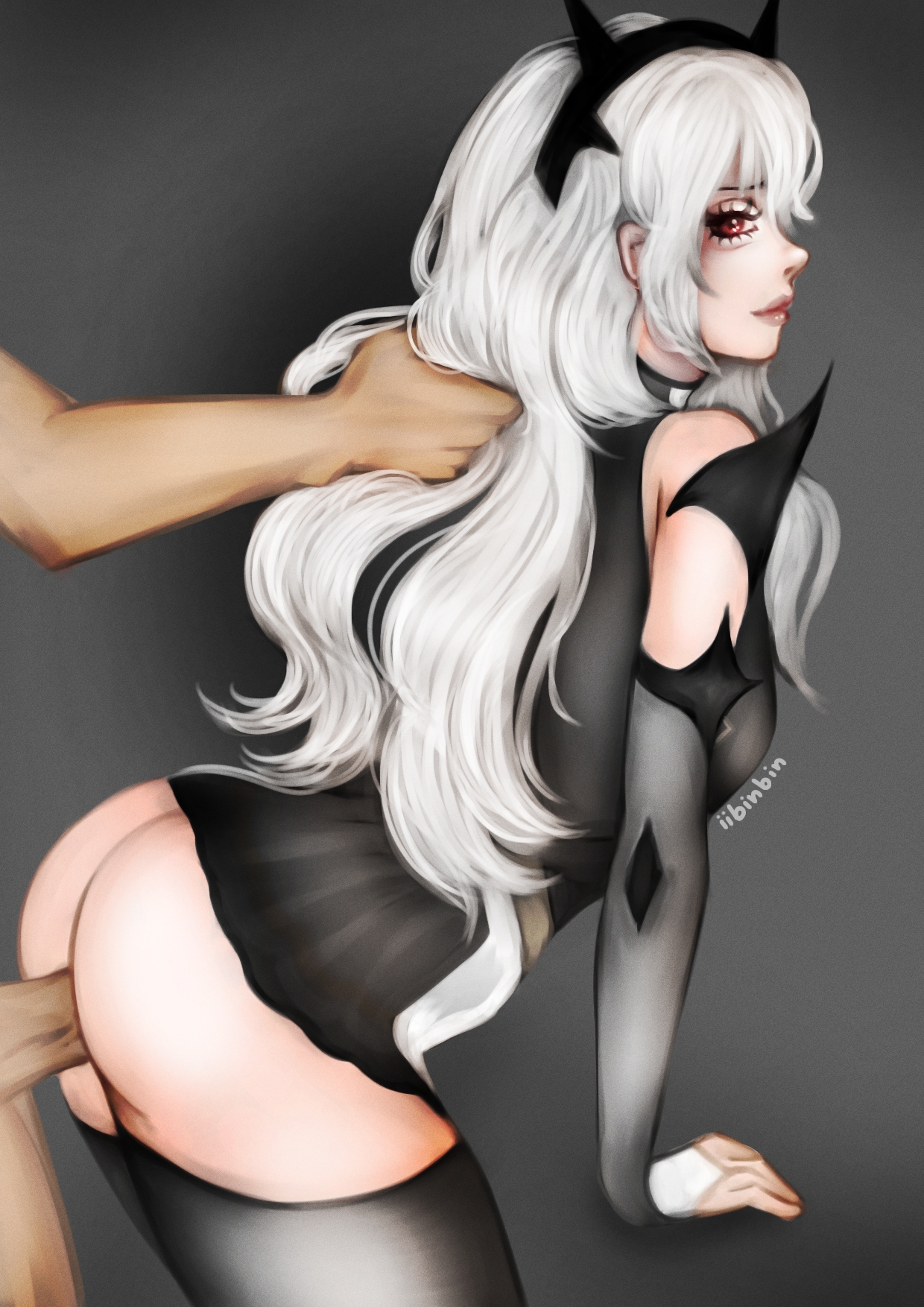 clothed sex, female focus, fortnite, fortnite: battle royale, from behind, iibinbin, lexa (fortnite), lexa hexbringer (fortnite), princess lexa (fortnite), red eyes, side view, white hair