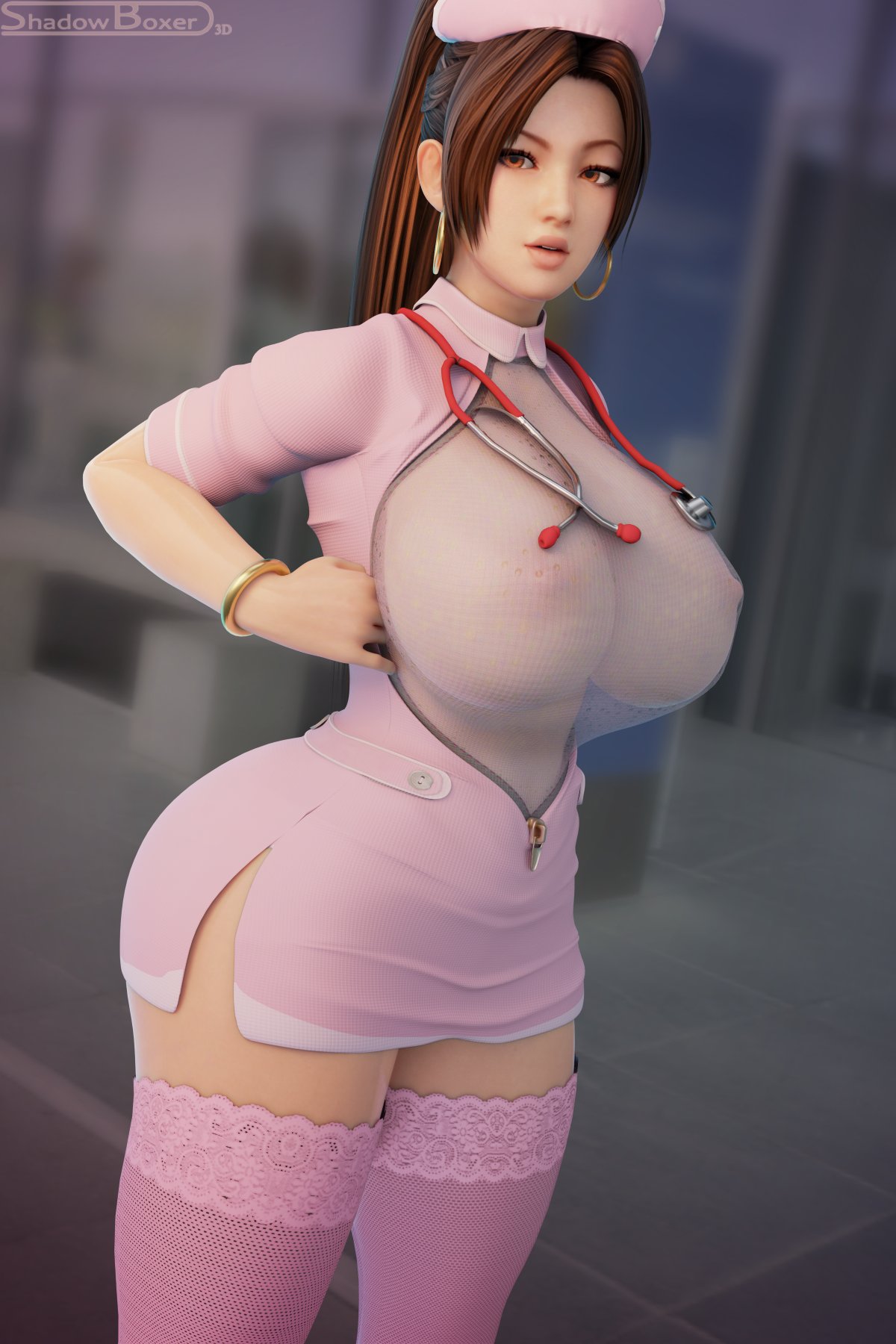 1girls, 3d, blender, breasts, fatal fury, female, female only, huge breasts, king of fighters, mai shiranui, nurse, shadowboxer, snk, solo