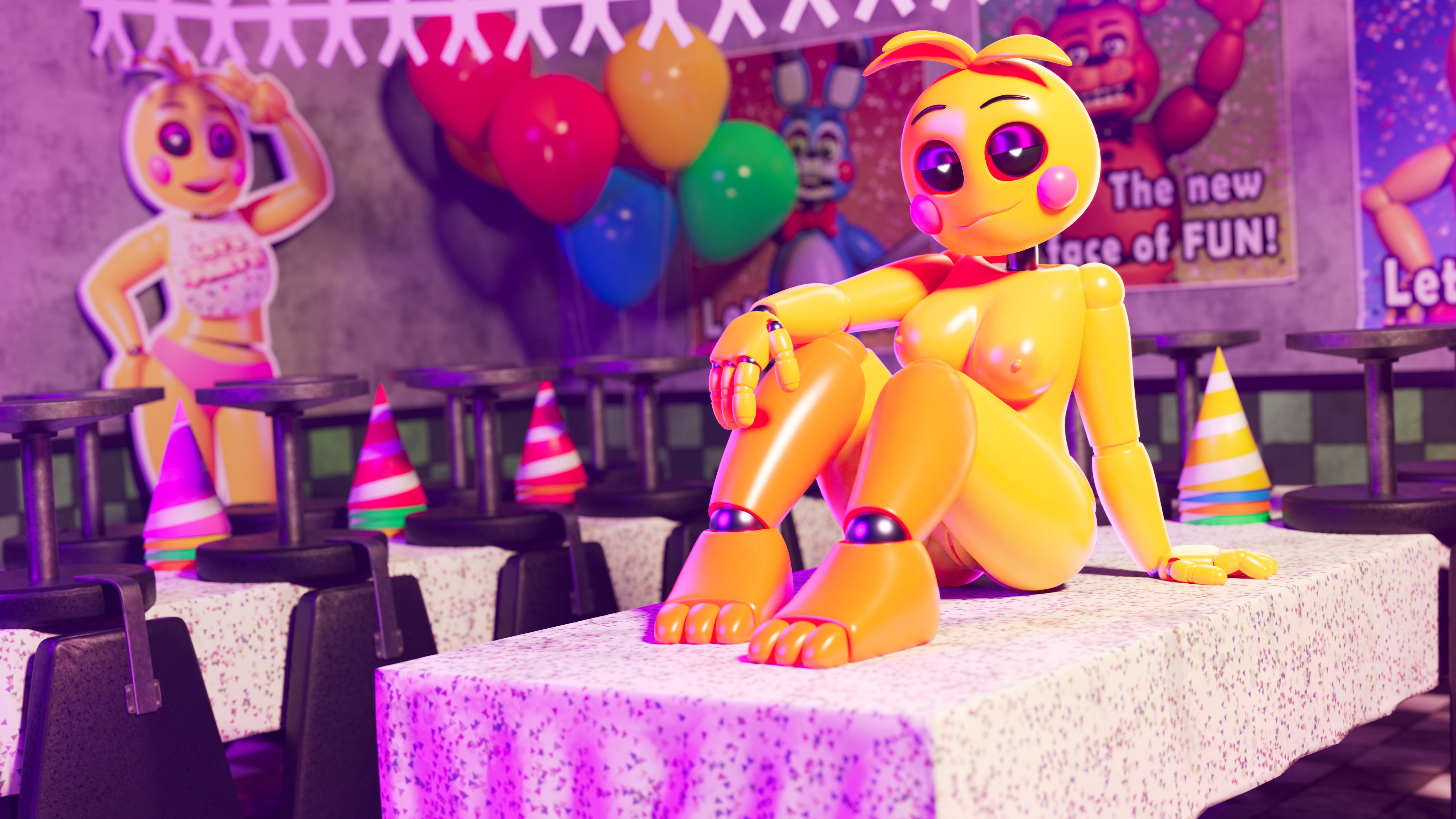 3d, 3d (artwork), anthro, ashleyorange, avian, bird, chicken, female, five nights at freddy's, five nights at freddy's 2, heart-shaped pupils, lovetaste chica, nude, nude female, posing, seductive, seductive look, solo, toy chica (ashleyorange), toy chica (fnaf), toy chica (love taste), yellow body