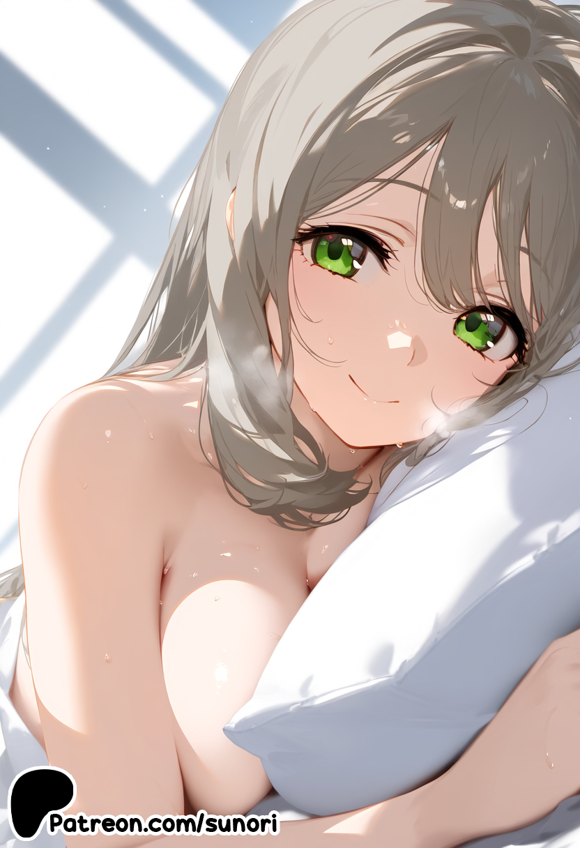 after sex, ai generated, blue archive, breasts, female, green eyes, heavy breathing, looking at viewer, nonomi (blue archive), pillow, smile, solo, sunori, sweat