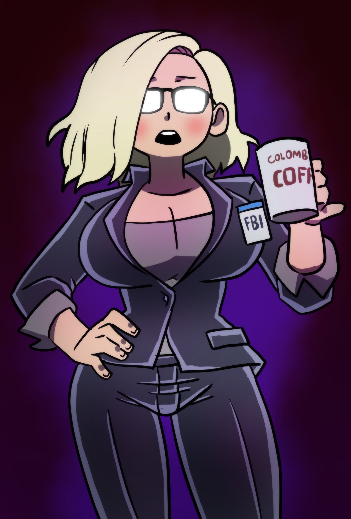 1girls, big breasts, biohazard, blonde female, blonde hair, blush, breasts, breasts bigger than head, capcom, clothed, clothed female, clothing, coffee, coffee mug, cute, cute female, eyewear, female, female focus, fully clothed, glasses, grace ashcroft, grace ashcroft (fbi outfit), hand on hip, hinca-p, huge breasts, human, id card, looking at viewer, nonsexual, office lady, open mouth, pale skin, resident evil, resident evil 9: requiem, short hair, solo, solo female, tagme, text on mug, thick hips, thick thighs, thin waist