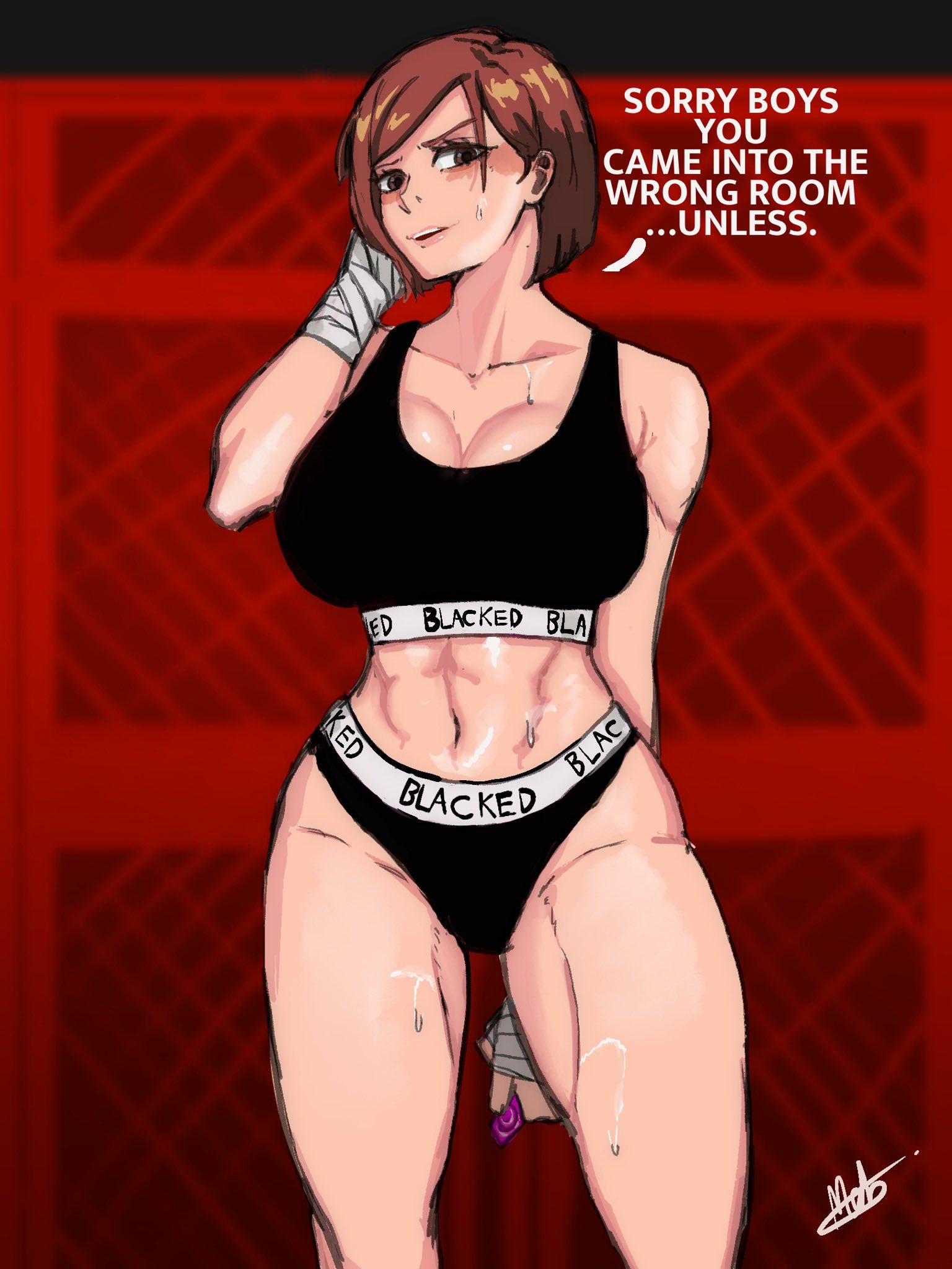 1girls, big breasts, blacked, blacked clothing, blush, breasts, brown eyes, brown hair, brown-haired female, female, female only, jujutsu kaisen, kugisaki nobara, mobi mobi, muscular, muscular female, short hair, solo, standing, sweat, text, thick thighs, thighs
