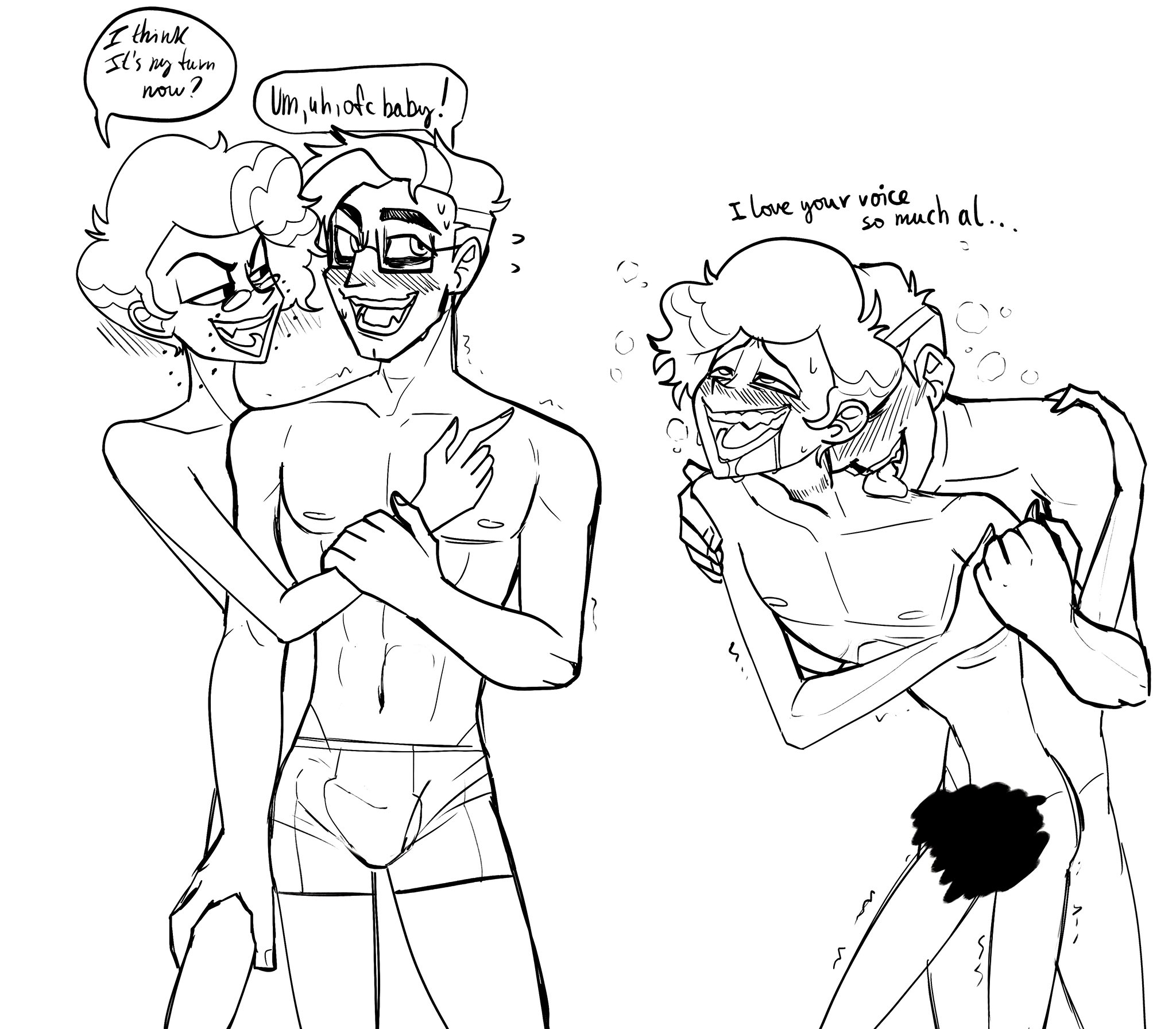 2boys, 2male, 2males, 2men, alastor (hazbin hotel), blush, boxers, drooling, from behind, gay, gay male, gay sex, glasses, handholding, hazbin hotel, human, human alastor (hazbin hotel), human only, human vox (hazbin hotel), licking neck, male only, sketch, standing, standing sex, tagme, uncolored, underwear, vox (hazbin hotel), yaoi