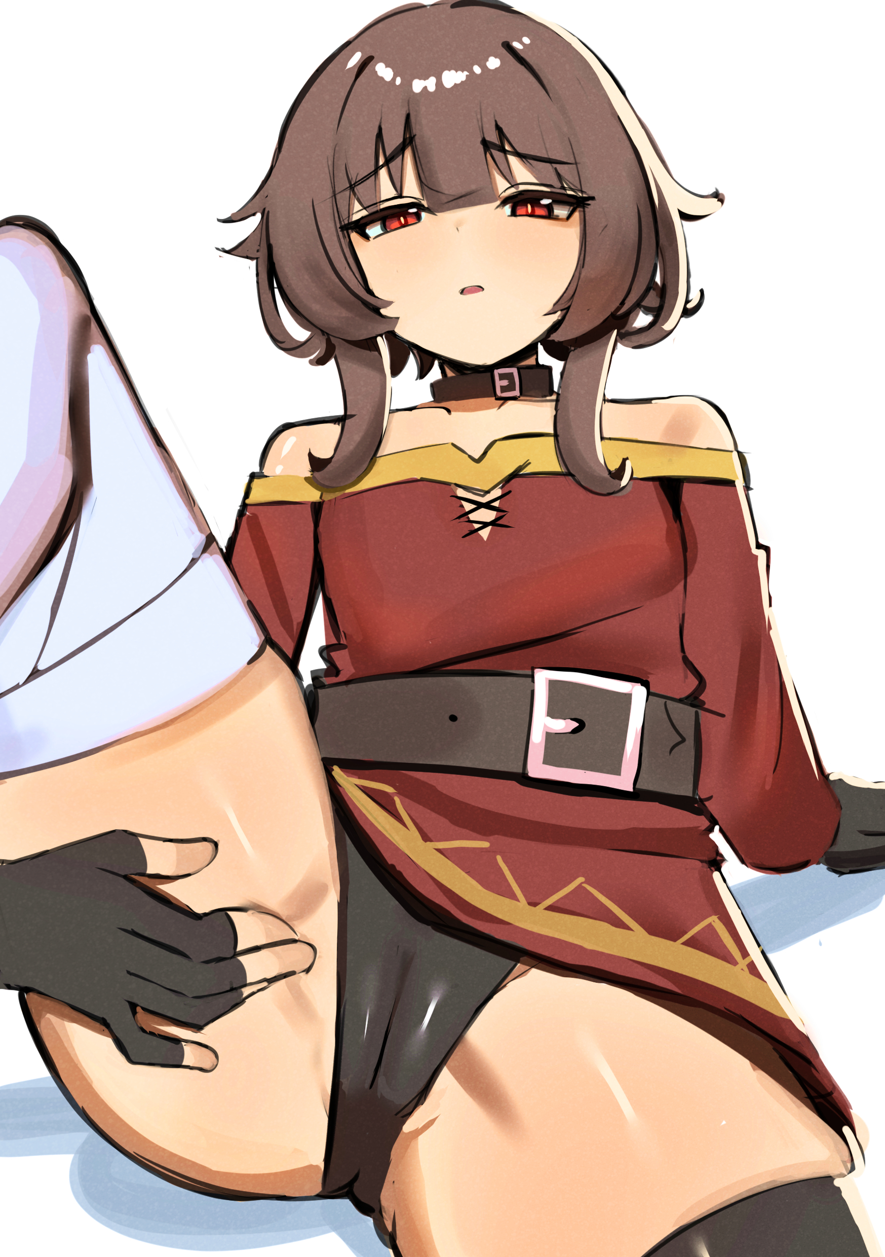 1girls, bandage, belt, gloves, iog art, iog626, kono subarashii sekai ni shukufuku wo!, megumin, neck ribbon, no sex, pussy, simple background, spread legs, suggestive, suggestive look