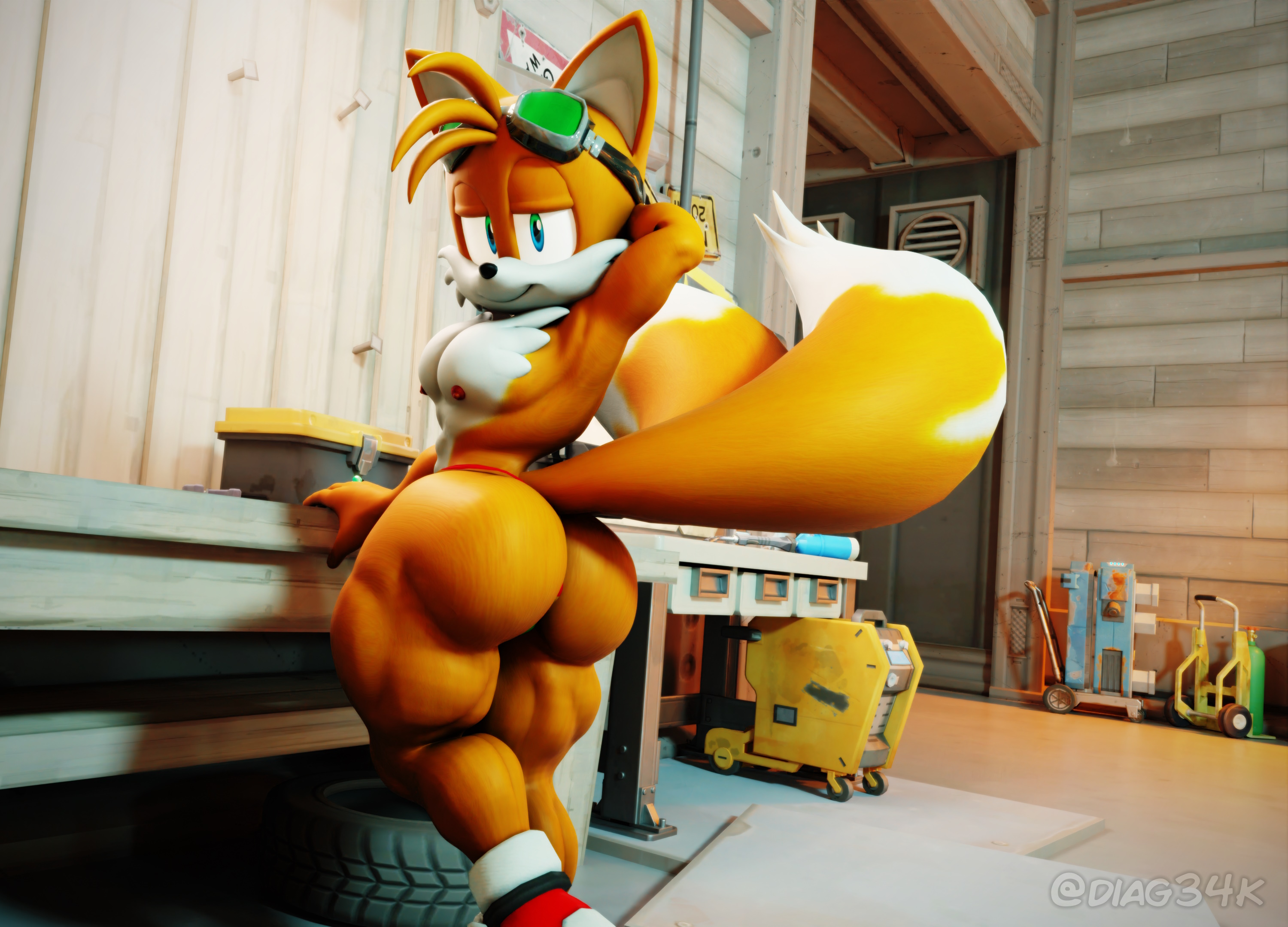 1boy, 3d, 3d (artwork), anthro, ass, big ass, canid, canine, diag34k, femboy, fox, furry, g-string, male, male only, mobian, mobian (species), pecs, sega, sonic (series), sonic the hedgehog (series), tails, tails the fox, thick thighs