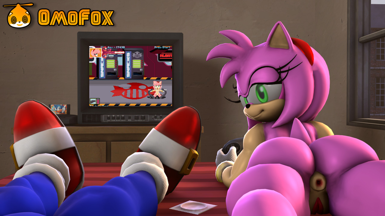 3d, 3d (artwork), amy rose, anus peek, ass, ass focus, condom wrapper, controller, controller in hand, eyes half closed, eyes half open, gloved, gloves, green eyes, half-closed eyes, hedgehog, holding object, mobian, mobian (species), mobian hedgehog, omofox, project x love potion disaster, pussy, screen, sega, sega genesis, sega genesis cartridge, shoes, smiling, sonic (series), sonic the hedgehog, sonic the hedgehog (series), sonic the hedgehog 1, video game, video game character, video game franchise, video games