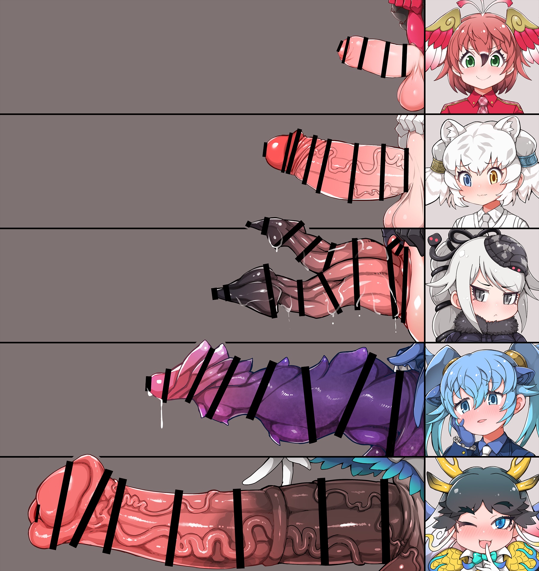 5futas, balls, bar censor, big penis, bird girl, bird humanoid, blue hair, blue hair futa, byakko (kemono friends), censor bar, censored, censored penis, cock, cock size difference, dick, dragon girl, dragon humanoid, eyebrows visible through hair, futanari, genbu (kemono friends), genitals, green eyes, hair between eyes, horse penis, horsecock, horsecock futa, horsecock futanari, kemono friends, kirin (kemono friends), large penis, multi genitalia, multi penis, one eye closed, penis, penis chart, penis size chart, penis size comparison, penis size difference, purple genitals, purple penis, red hair, red hair futa, seiryuu (kemono friends), shikoripa, small penis, suzaku (kemono friends), tanaka kusao, testicles, tiger girl, tiger humanoid, vein, veins, veiny, veiny penis, white hair, white hair futa