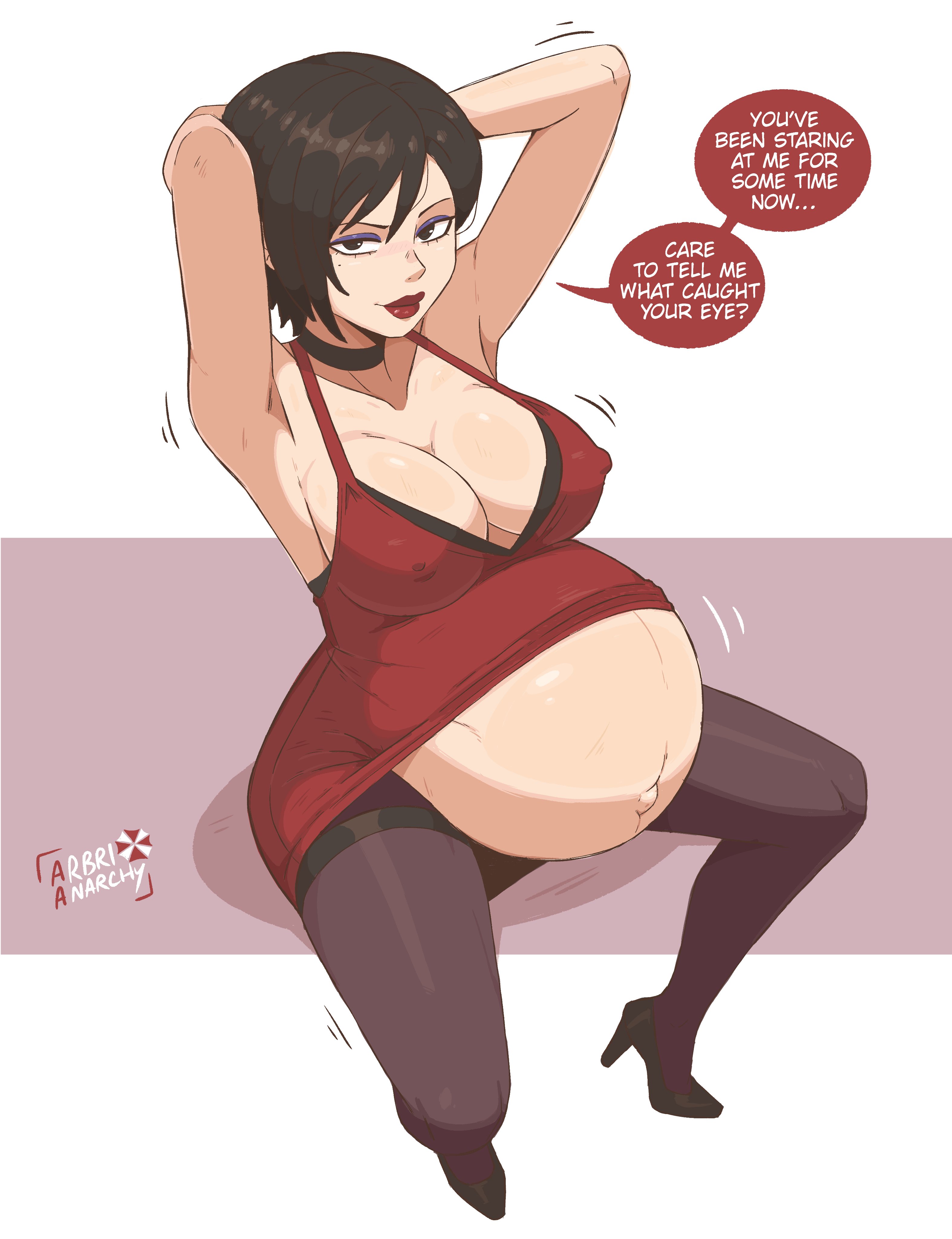 1girls, ada wong, arbrianarchy, big belly, english dialogue, english text, exposed belly, hands behind head, lipstick, pregnant, pregnant female, red dress, resident evil, resident evil 4, resident evil 4 remake