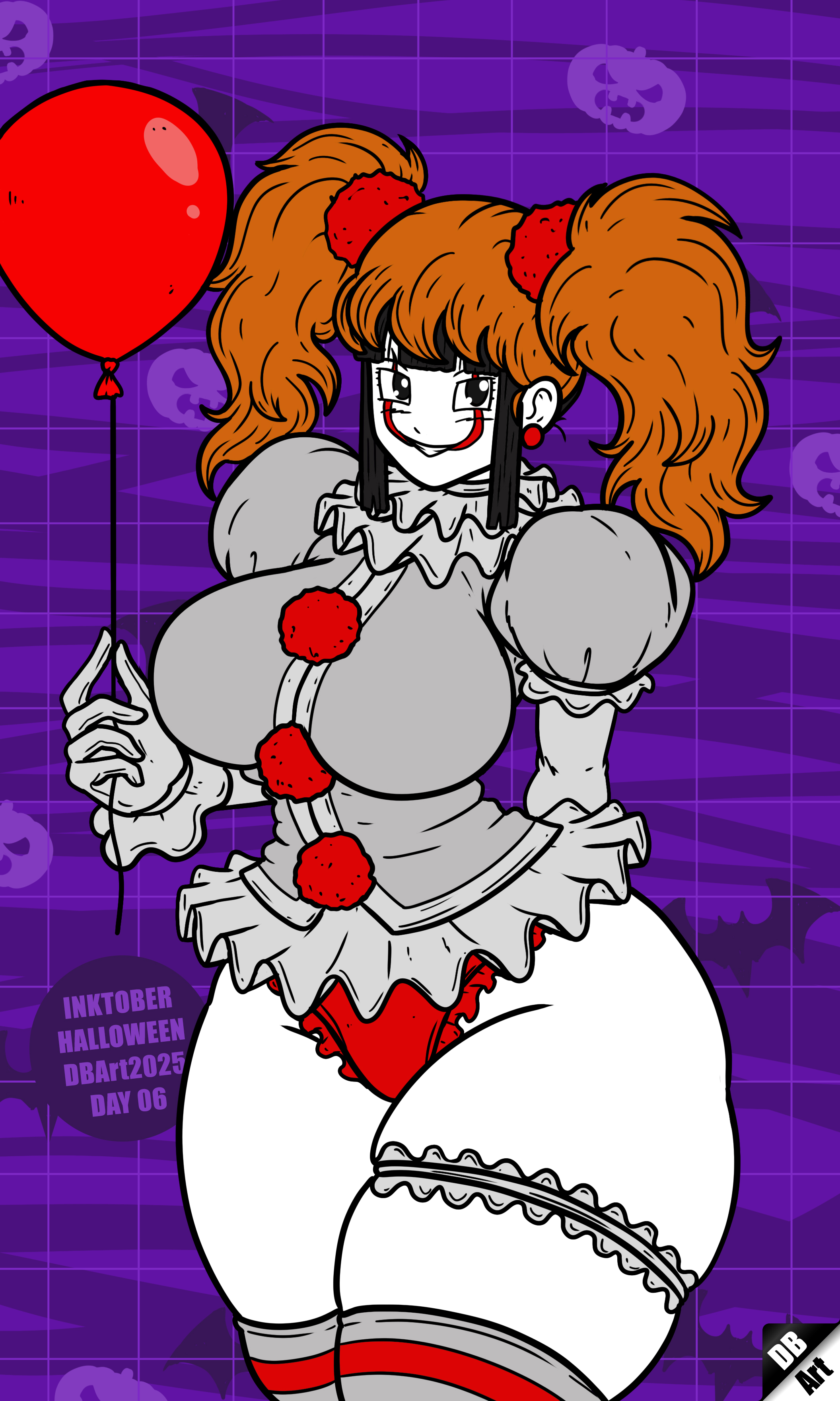 1girls, 2d, balloon, big breasts, black hair, breasts, chichi, cosplay, dbart+18, dragon ball, dragon ball z, female, female only, halloween, huge breasts, inktober, it, it (stephen king), large breasts, pennywise (cosplay), solo, solo female, stephen king, thighs bigger than head