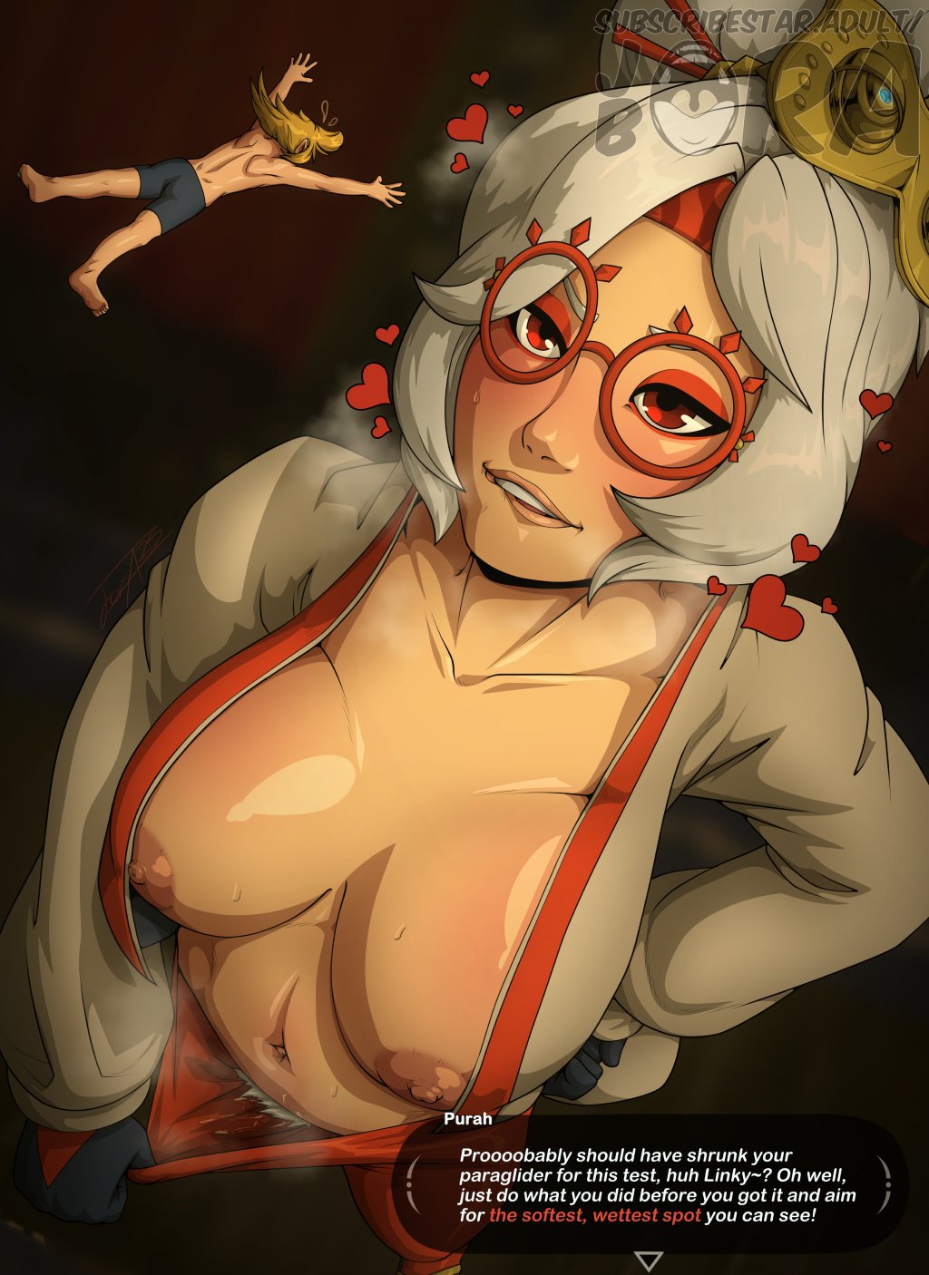 1boy, 1girls, 2025, 2d, 2d (artwork), belly, belly button, belly exposed, big breasts, bitting lip, cleavage, dialogue, dialogue box, femdom, giantess, glasses, hearts around head, jorabora, link, musk, musk clouds, nintendo, nipples, open shirt, pubic hair, purah, purah (tears of the kingdom), showing pussy, shrunk, shrunken male, size difference, smaller male, tears of the kingdom, the legend of zelda, white hair