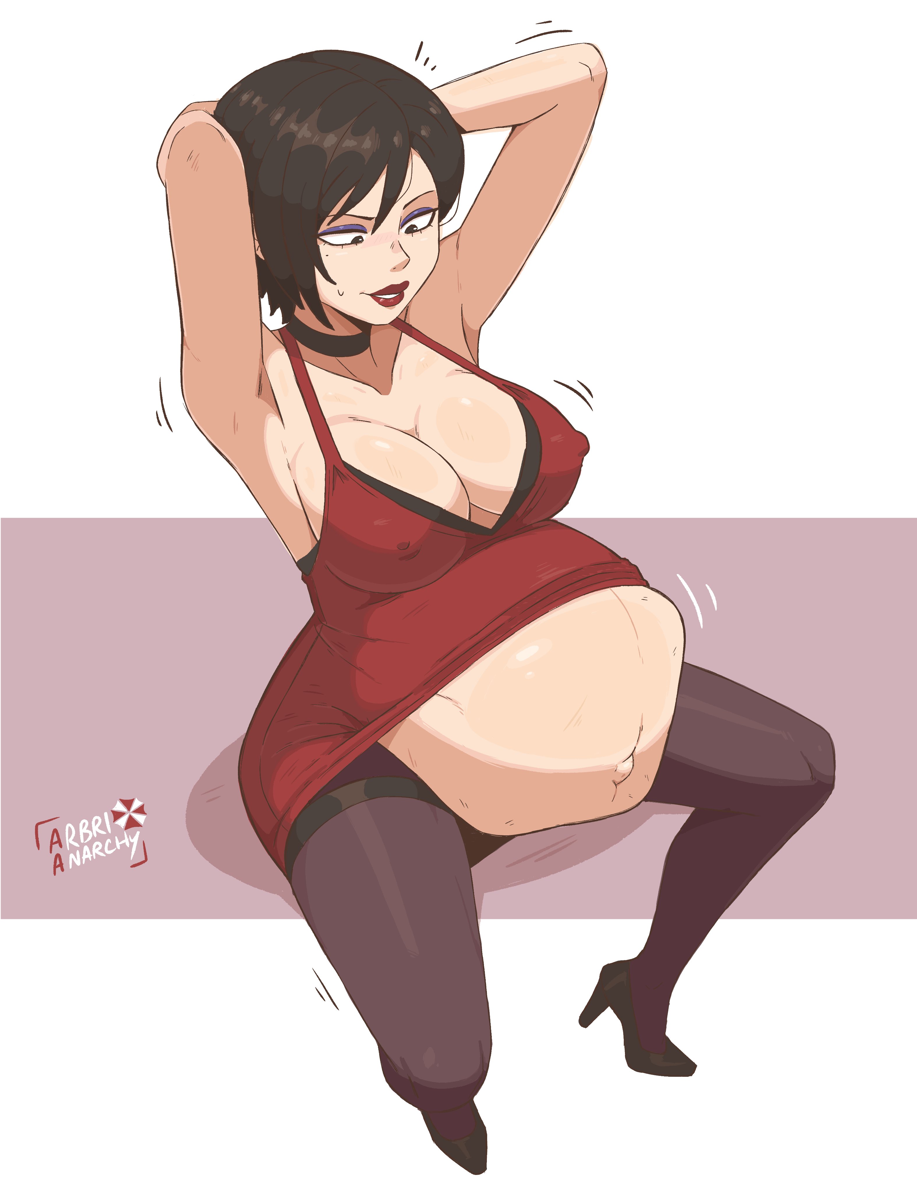 1girls, ada wong, arbrianarchy, big belly, exposed belly, fetal movement, hands behind head, kicking (pregnancy), lipstick, pregnant, pregnant female, red dress, resident evil, resident evil 4, resident evil 4 remake