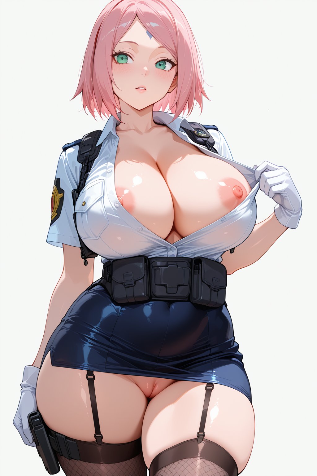 ai generated, beletegen, huge breasts, naruto, naruto (series), nipples, pink hair, police uniform, policewoman, pussy, sakura haruno