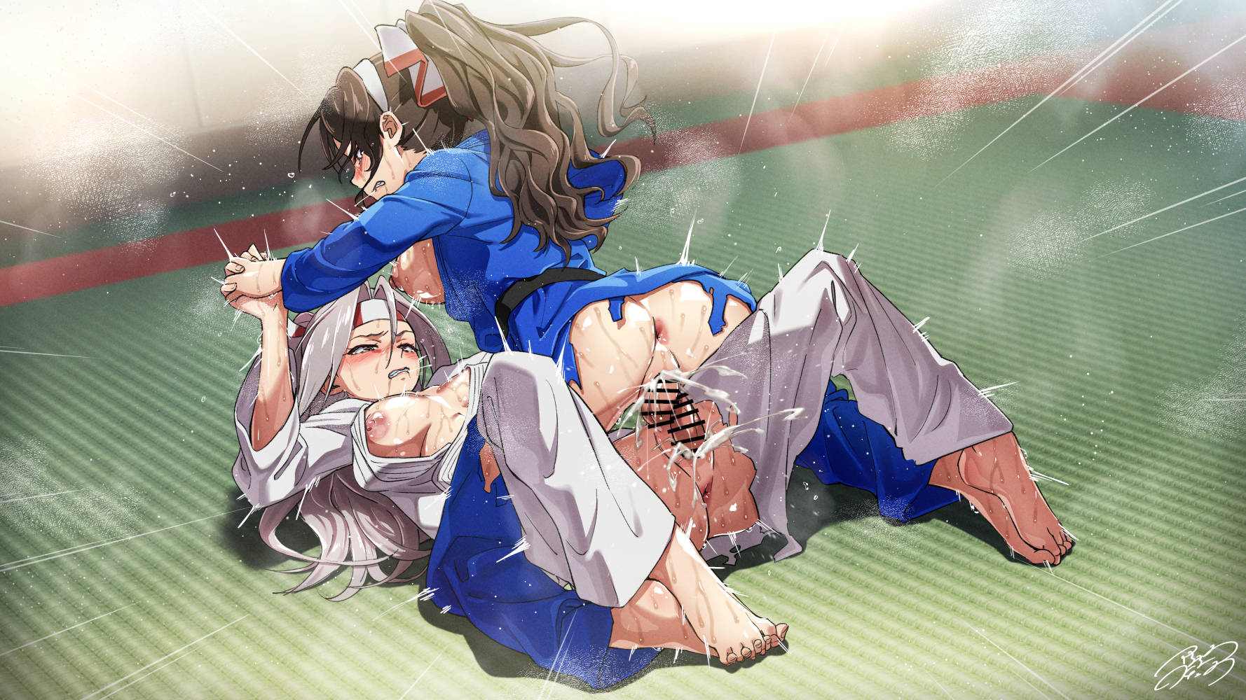 2futas, ajula wachula, ashigara (kantai collection), barefoot, breasts out, catfight, censor bar, censored, clothed, clothed sex, color, colored, cum, cum in pussy, cum inside, cum while penetrated, feet, footsie, futa on futa, futa only, futa with futa, futanari, gi, judo, kantai collection, karate gi, medium breasts, mutual insertion, mutual orgasm, mutual penetration, mutual yuri, penetrating while penetrated, tatami, vaginal, vaginal penetration, vaginal sex, yuri, zuihou (kancolle), zuihou (kantai collection)