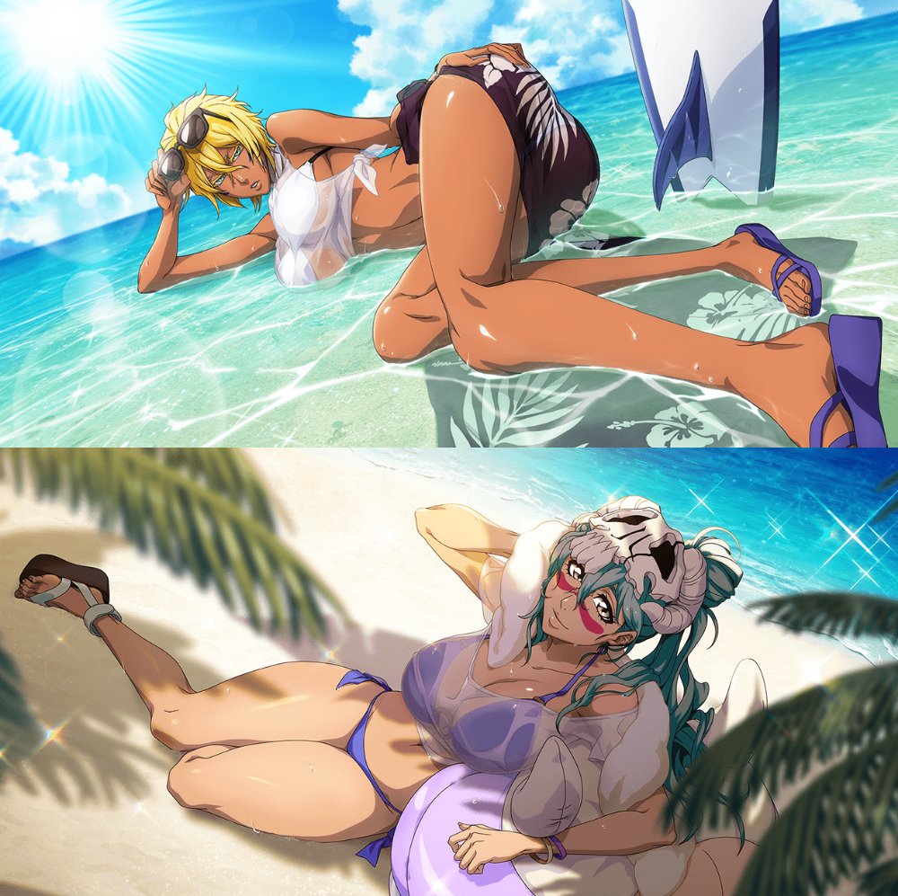 2girls, ass, ass focus, beach, bikini, bleach, blonde hair, curvaceous, curvy, curvy female, curvy figure, dark-skinned female, facial mark, female, female focus, female only, laying down, looking at viewer, nelliel tu odelschwanck, purple bikini, see-through clothing, skull, skull hair ornament, sunglasses, sunglasses on head, surfboard, swimsuit, tagme, thick thighs, thighs, tia harribel, turquoise hair, voluptuous, voluptuous body, voluptuous female, white bikini