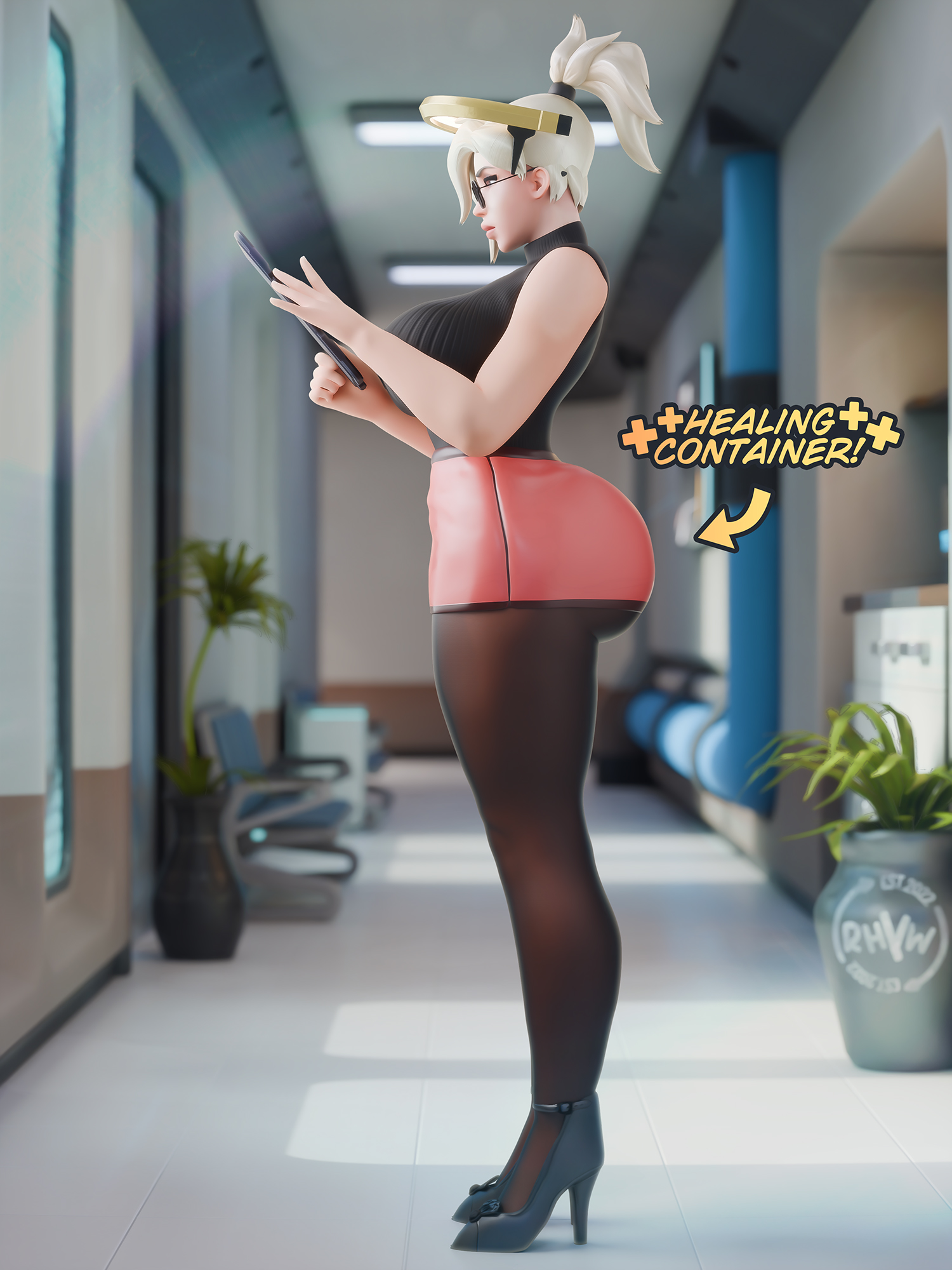 1girls, 2025, 3d, activision, alternate breast size, alternate breast size (larger), angela ziegler, artist name, ass, big ass, big breasts, blizzard entertainment, breasts, bubble ass, bubble butt, child bearing hips, curvaceous, curvy, curvy body, curvy female, curvy figure, evil container, female, female only, full body, fully clothed, glasses, glasses on face, hi res, high heels, high ponytail, high resolution, highres, holding, holding object, indoors, light skin, light-skinned female, mature female, meme, memz3d, mercy, miniskirt, overwatch, overwatch 2, pantyhose, ponytail, rhywlad, side view, skirt, sleeveless turtleneck, solo, solo female, standing, thick thighs, thighs, turtleneck, voluptuous, voluptuous female, white hair, wide hips