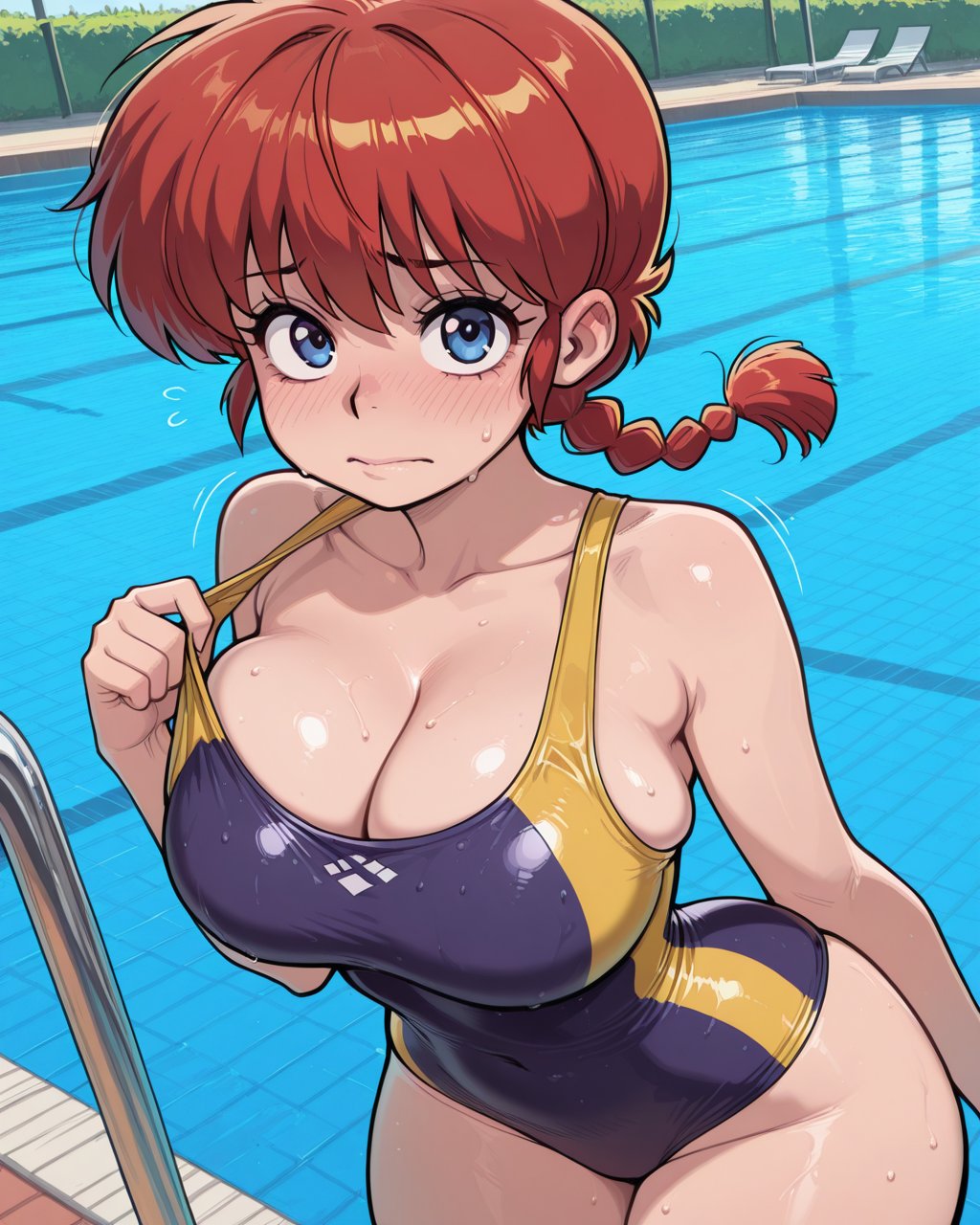 1girls, ai generated, big breasts, blue eyes, blush, braid, cleavage, female, female only, kinia, light skin, light-skinned female, narrow waist, one-piece swimsuit, ponytail, pool, ranma 1/2, ranma saotome, ranma-chan, red hair, solo, swimsuit, swimwear