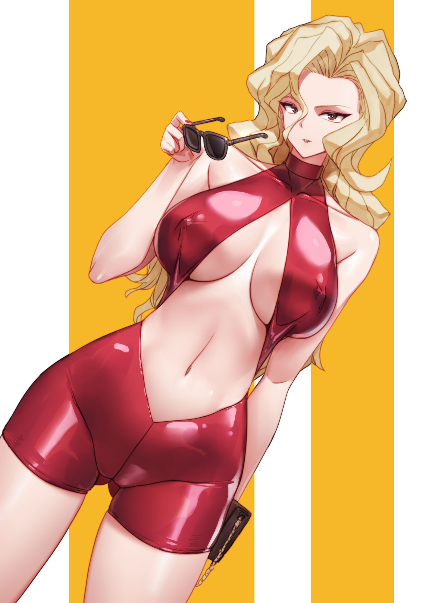 1girls, belly, big breasts, blonde hair, breasts, brown eyes, cleavage, clothing, dress, female, female only, fully clothed, golden boy, hair, hips, holding object, legs, long hair, madame president, mature, mature female, mature woman, nipple bulge, purse, qingmingtongzi, red dress, revealing clothes, shiny clothes, short dress, smile, solo, solo female, sunglasses, thighs, tight clothing