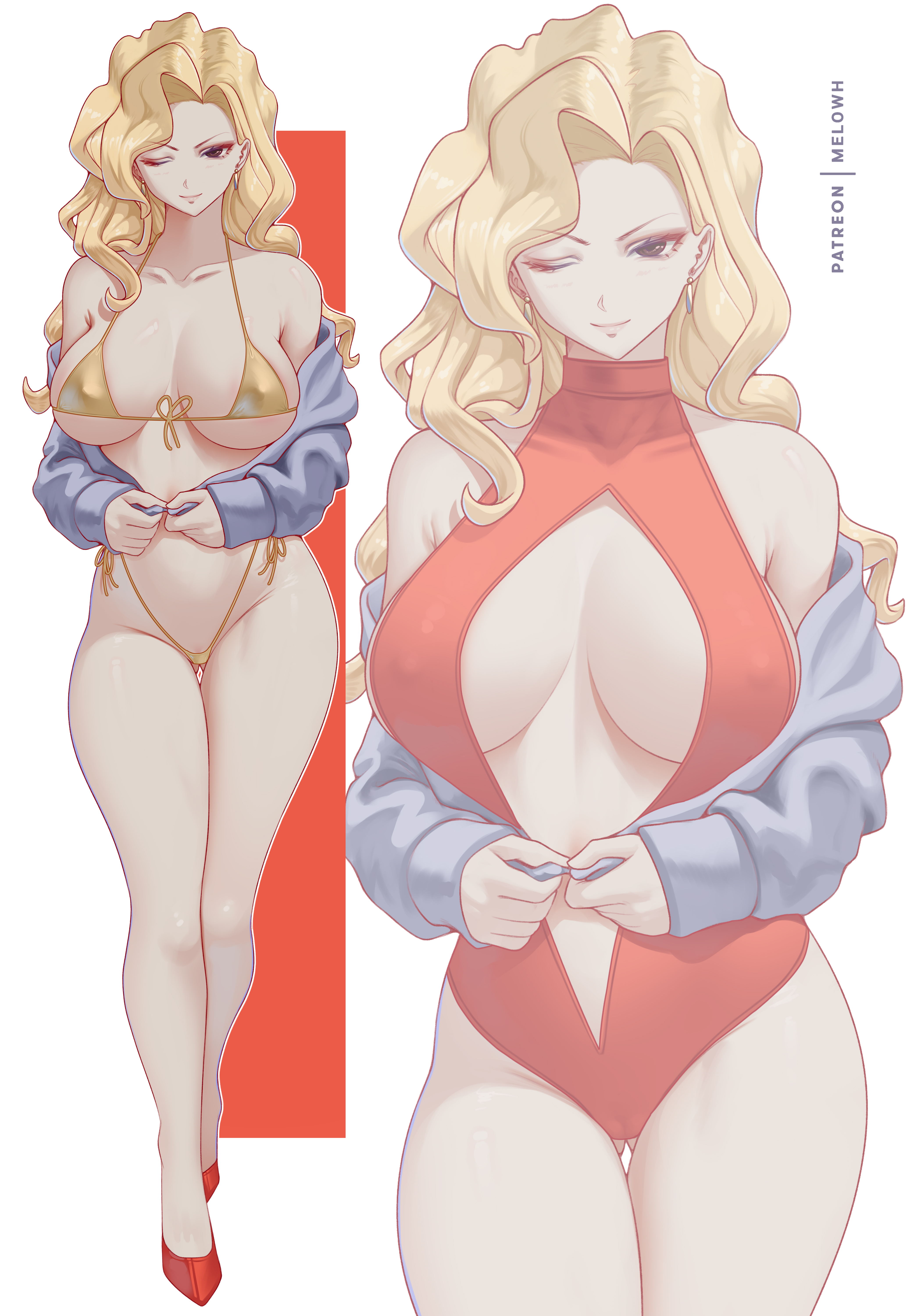 1girls, absurd res, absurdres, alternate version available, big breasts, bikini, bikini bottom, bikini top, blonde hair, blue jacket, bottomwear, breasts, brown eyes, cleavage, close-up, dress, ear piercing, earrings, female, female only, footwear, full body, golden boy, hair, heels, high heels, high resolution, highres, hips, huge breasts, jacket, jacket off shoulders, legs, long hair, madame president, mature, mature female, mature woman, melowh, one eye closed, red dress, short dress, smile, solo, solo female, swimwear, thighs, topwear, wink, winking, yellow bikini