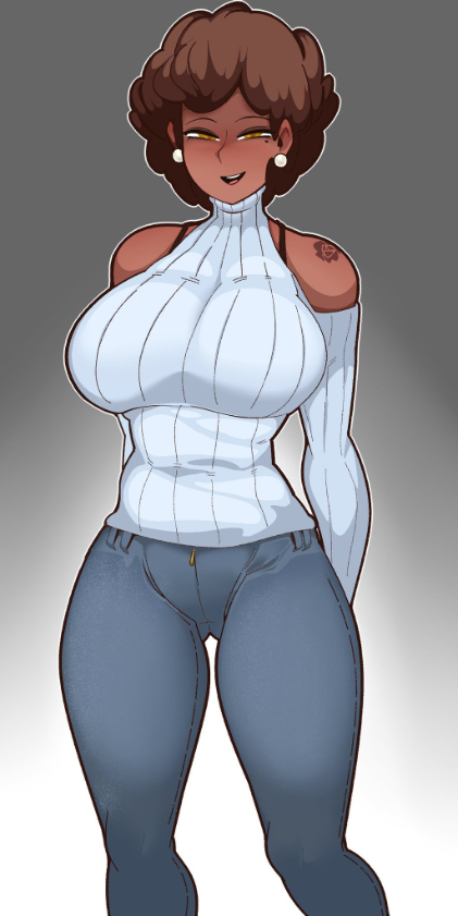 breasts, dark skin, dark-skinned female, ear piercing, female, huge breasts, jeans, large breasts, narrowed eyes, pani, shoulder tattoo, smile, sweater