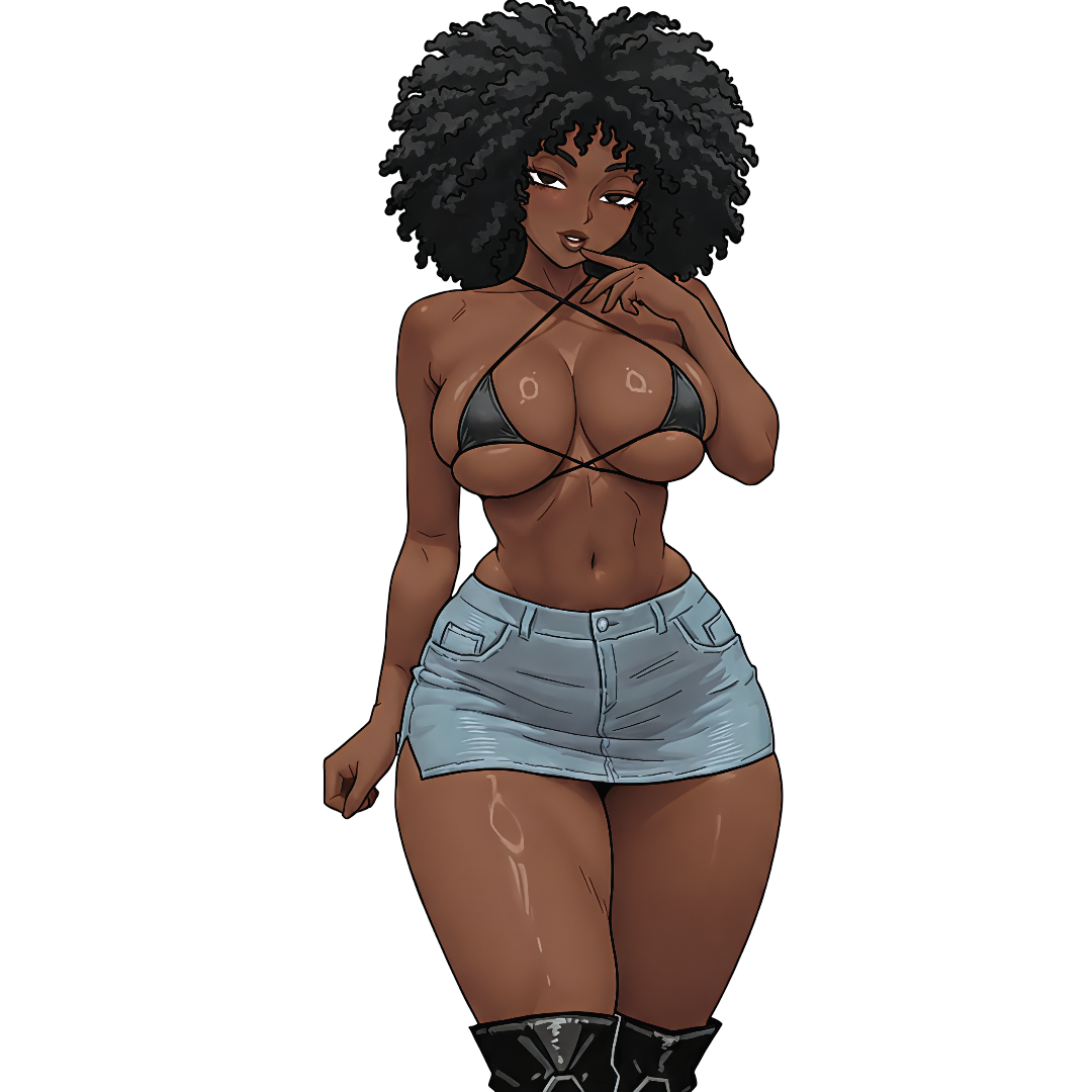 1girls, african female, afro, ai generated, big breasts, bikini top, black bikini top, black eyes, black hair, black woman, curly hair, dark skin, dark-skinned female, female, female only, looking at viewer, mrtecta, original, original character, skirt, solo, solo female, toned, toned female, toned stomach