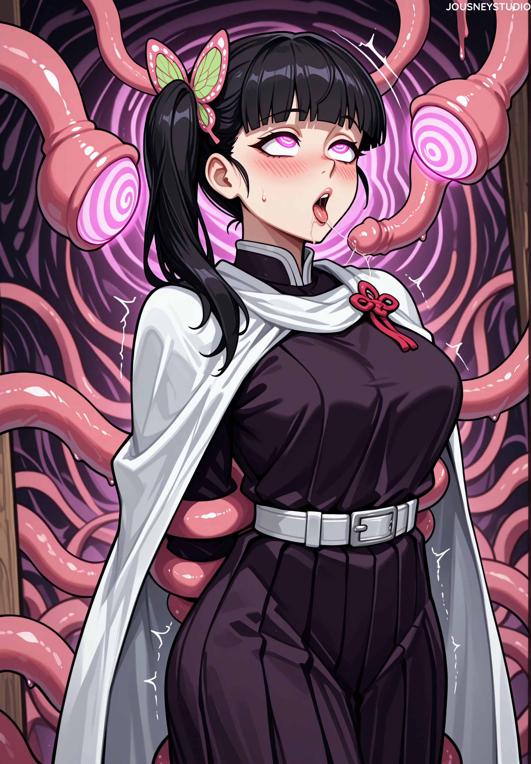 after fellatio, ahe gao, ai generated, arms behind back, belt, black hair, black jacket, black skirt, blunt bangs, blush, bound, breasts, butterfly hair ornament, cape, cloak, clothing, cowboy shot, demon slayer, demon slayer uniform, female, hair ornament, hypnosis, imminent fellatio, jacket, jousneystudio, kimetsu no yaiba, large breasts, long hair, long sleeves, mind control, open mouth, patreon username, pink eyes, pleated skirt, purple eyes, restrained, rolling eyes, saliva, saliva trail, side ponytail, skirt, solo, sweat, tentacle, tentacle pit, tentacle sex, tongue, tongue out, trembling, tsuyuri kanao, white belt, white cape