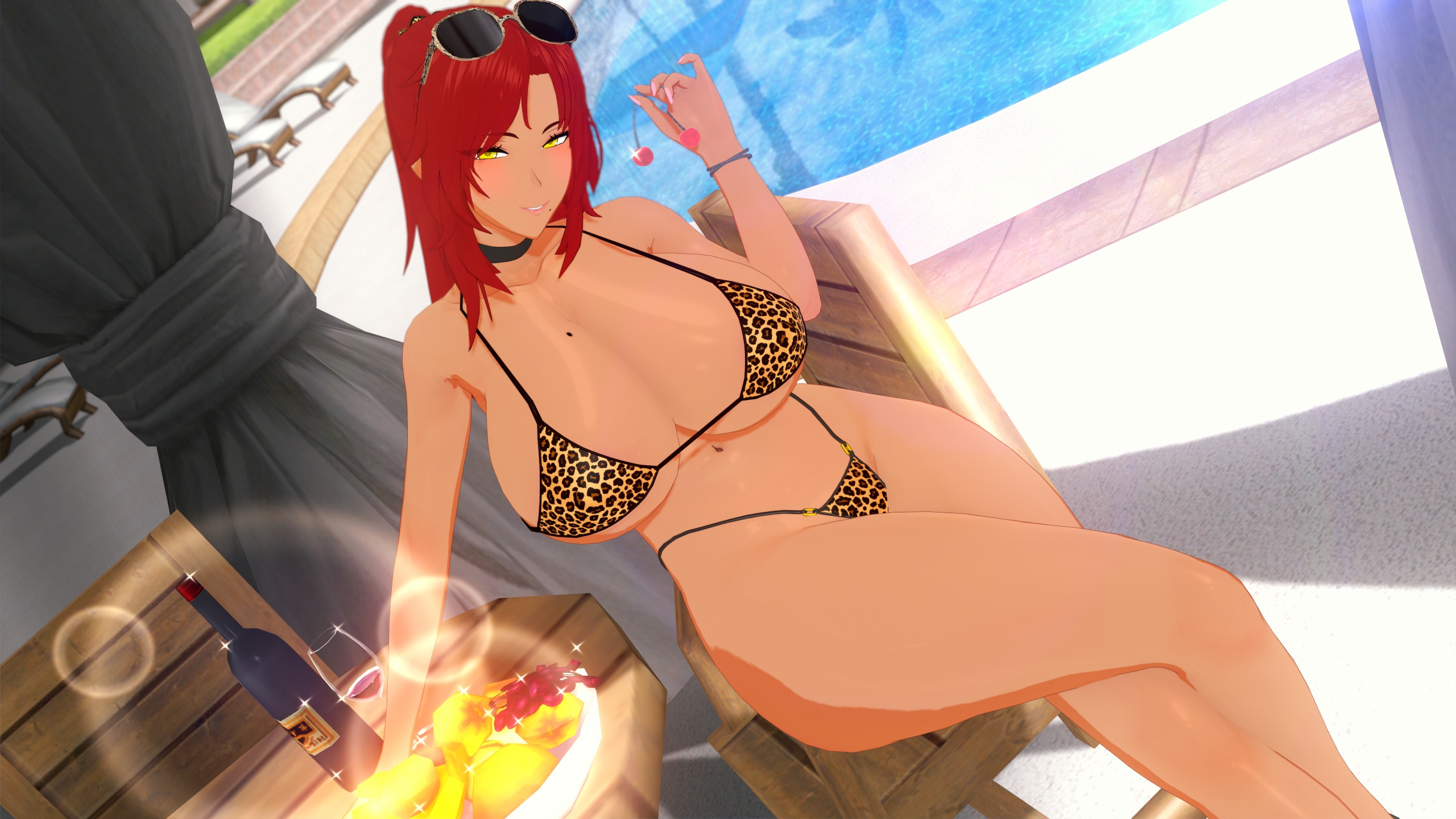 3d, 3d (artwork), 3d model, 3d render, akane (tachumi), female, female focus, female only, koikatsu, leopard print, leopard print bikini, looking at viewer, pool, red hair, red hair female, sitting, sitting on chair, solo, solo female, solo focus, tachumi, tan skin, tanned skin, tanned skinned female, yellow eyes, yellow eyes female