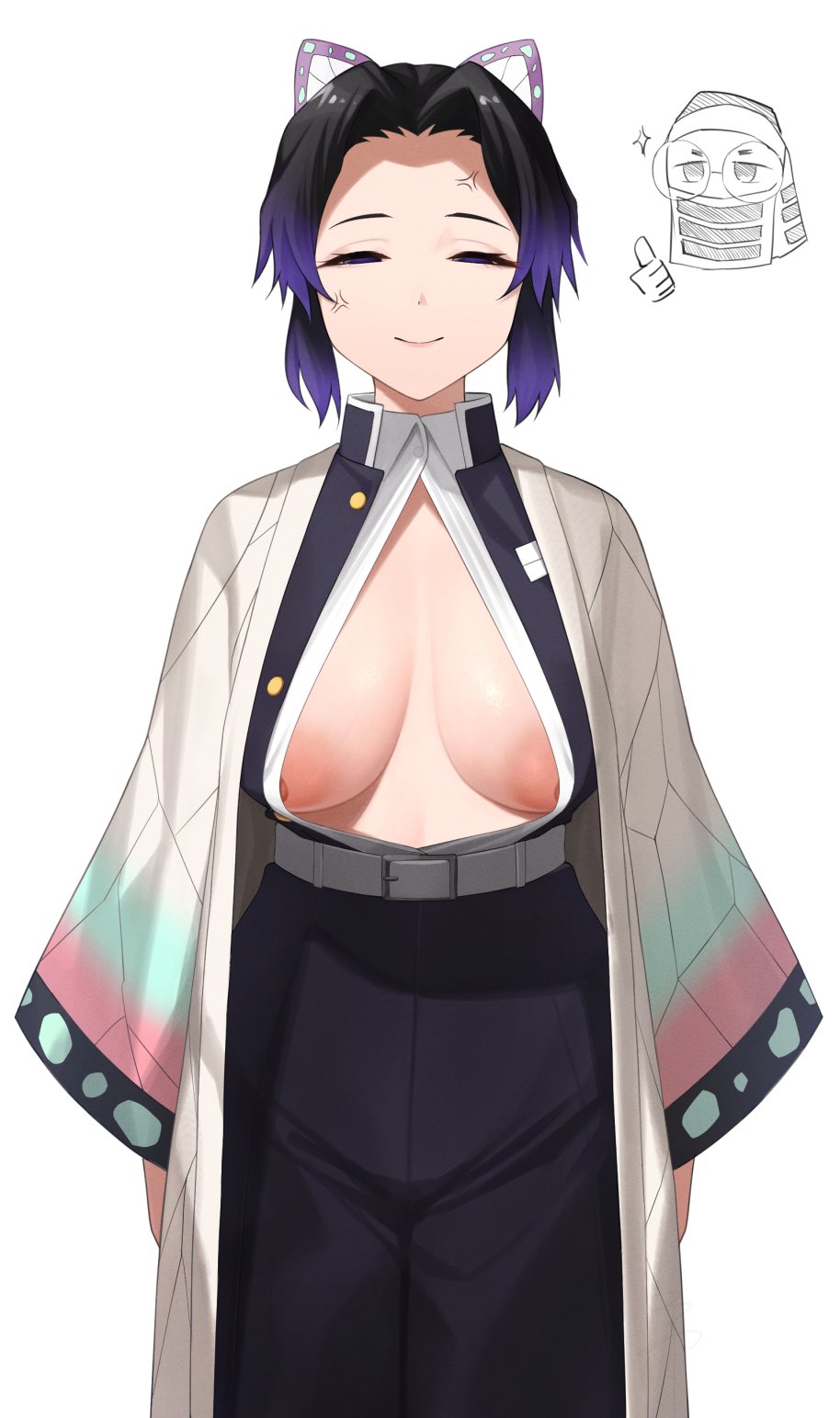 1girls angry areola_slip big_breasts black_hair butterfly_hair_ornament closed_eyes demon_slayer female female_focus haori kimetsu_no_yaiba kochou_shinobu large_areolae nipple_slip no_bra open_clothes open_shirt senju_(snz0) smile solo two_tone_hair uniform