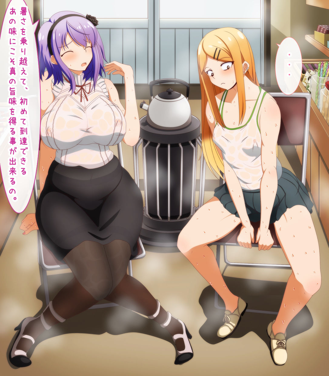 blonde_hair dagashi_kashi endou_saya_(dagashi_kashi) morokoshitaroh pantyhose purple_hair shidare_hotaru sweat sweating thighband_pantyhose thighs