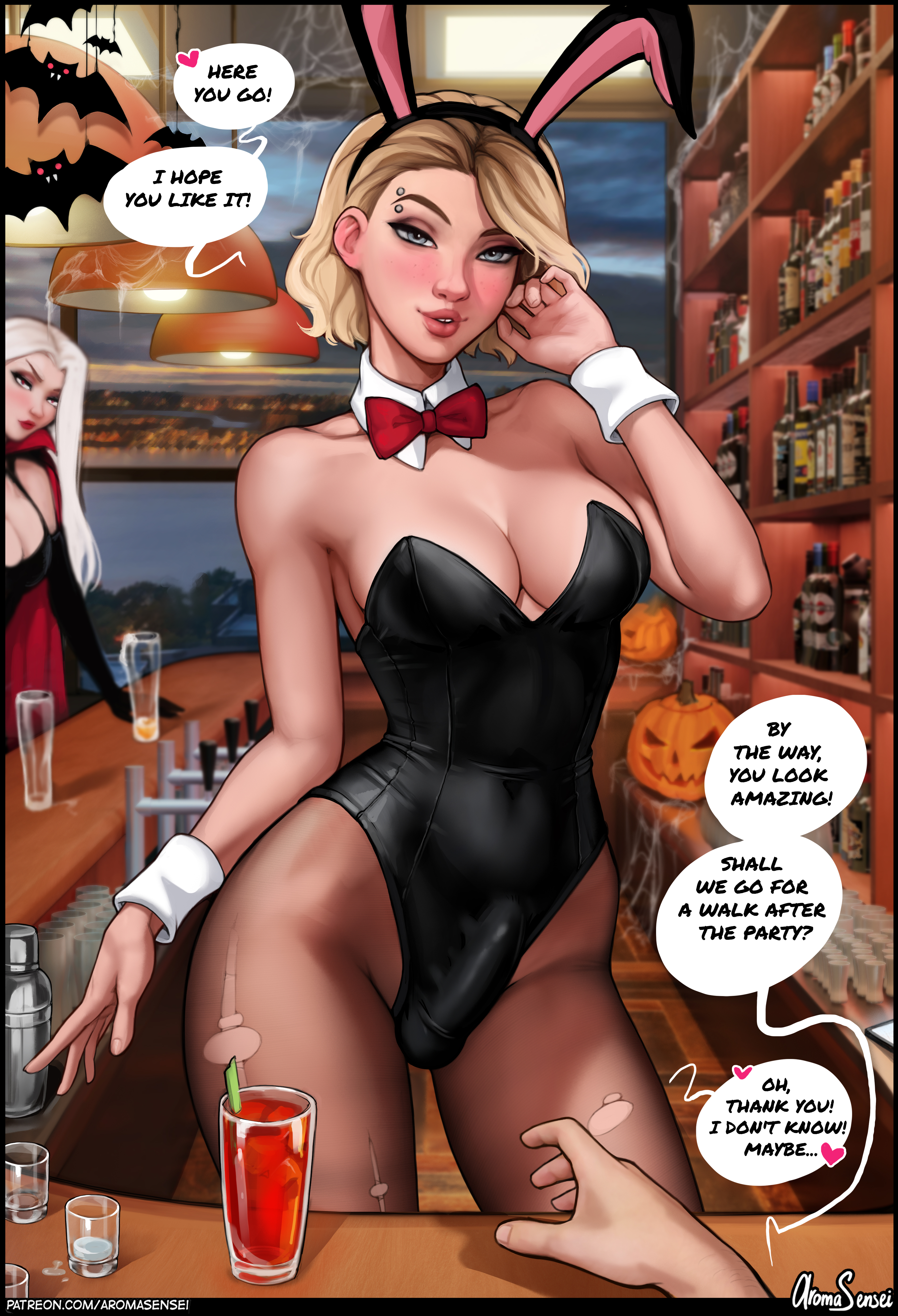 1futa, aroma sensei, bulge, bunny girl, bunnysuit, crossover, dialogue, disney, elsa (frozen), female, frozen (film), futa only, futanari, gwen stacy, human, human only, intersex, male, male pov, marvel, marvel comics, playboy bunny, pov, pov eye contact, solo futa, spider-gwen, spider-man (series)