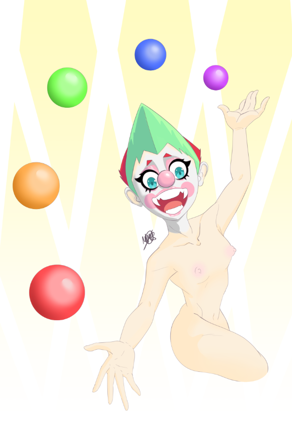 belly belly_button big_smile blue_eyes clown clown_makeup clown_nose juggling light-skinned_female novacantnames nude open_mouth pastel pink_nipples puffy_nipples short_hair simple_background slim small_breasts smile spiked_hair teeth