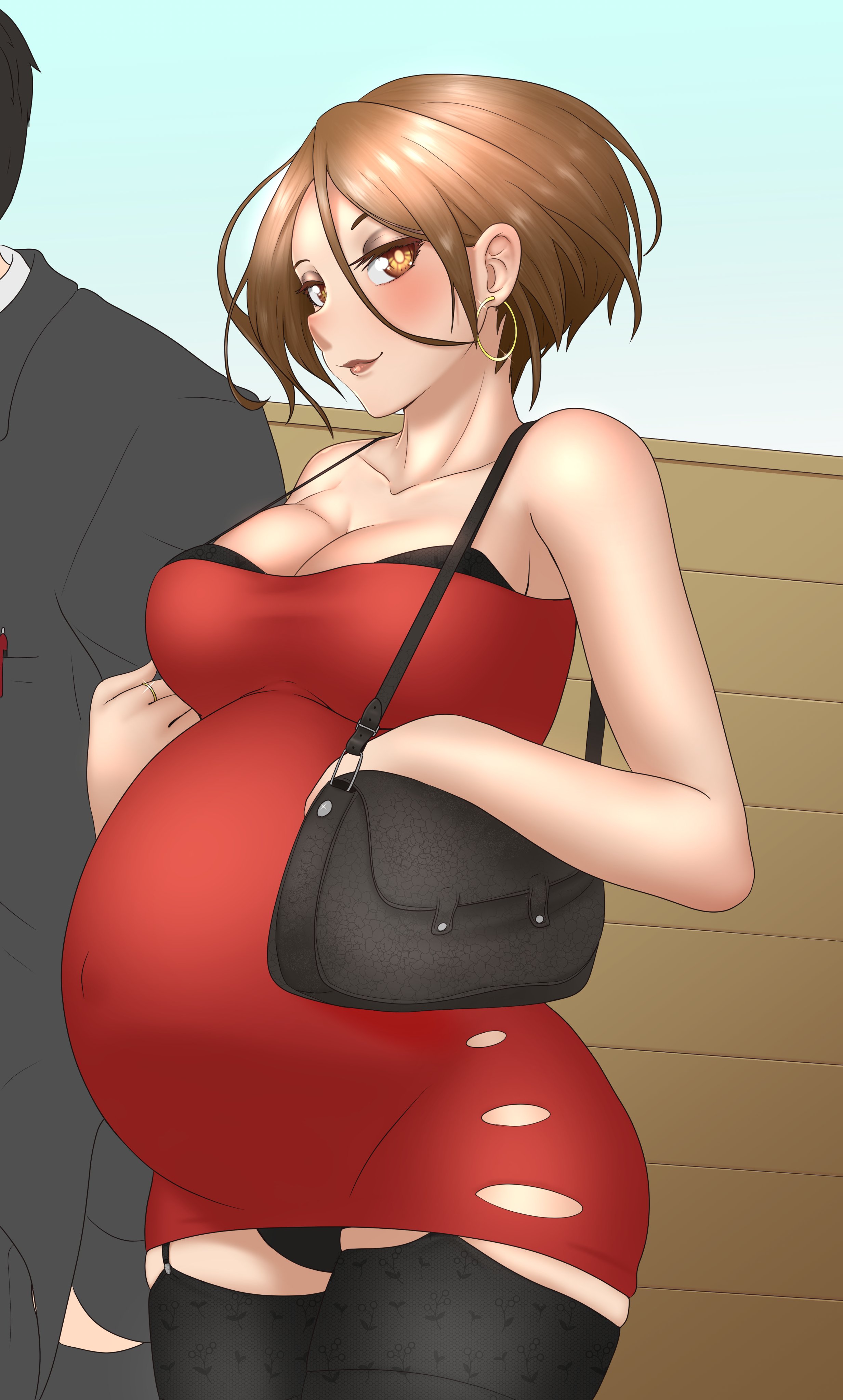 1girls, big breasts, breasts, female, huge belly, kristiadder, large breasts, married couple, non-nude, panties, pregnant, ready to pop, revealing clothes, solo focus, thighhighs, wedding ring