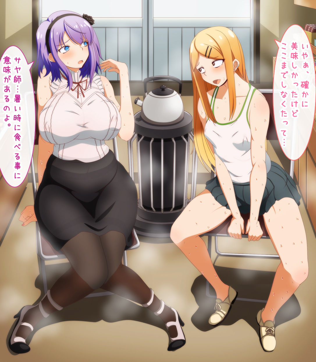 blonde_hair dagashi_kashi endou_saya_(dagashi_kashi) morokoshitaroh pantyhose purple_hair shidare_hotaru sweat sweating thighband_pantyhose thighs